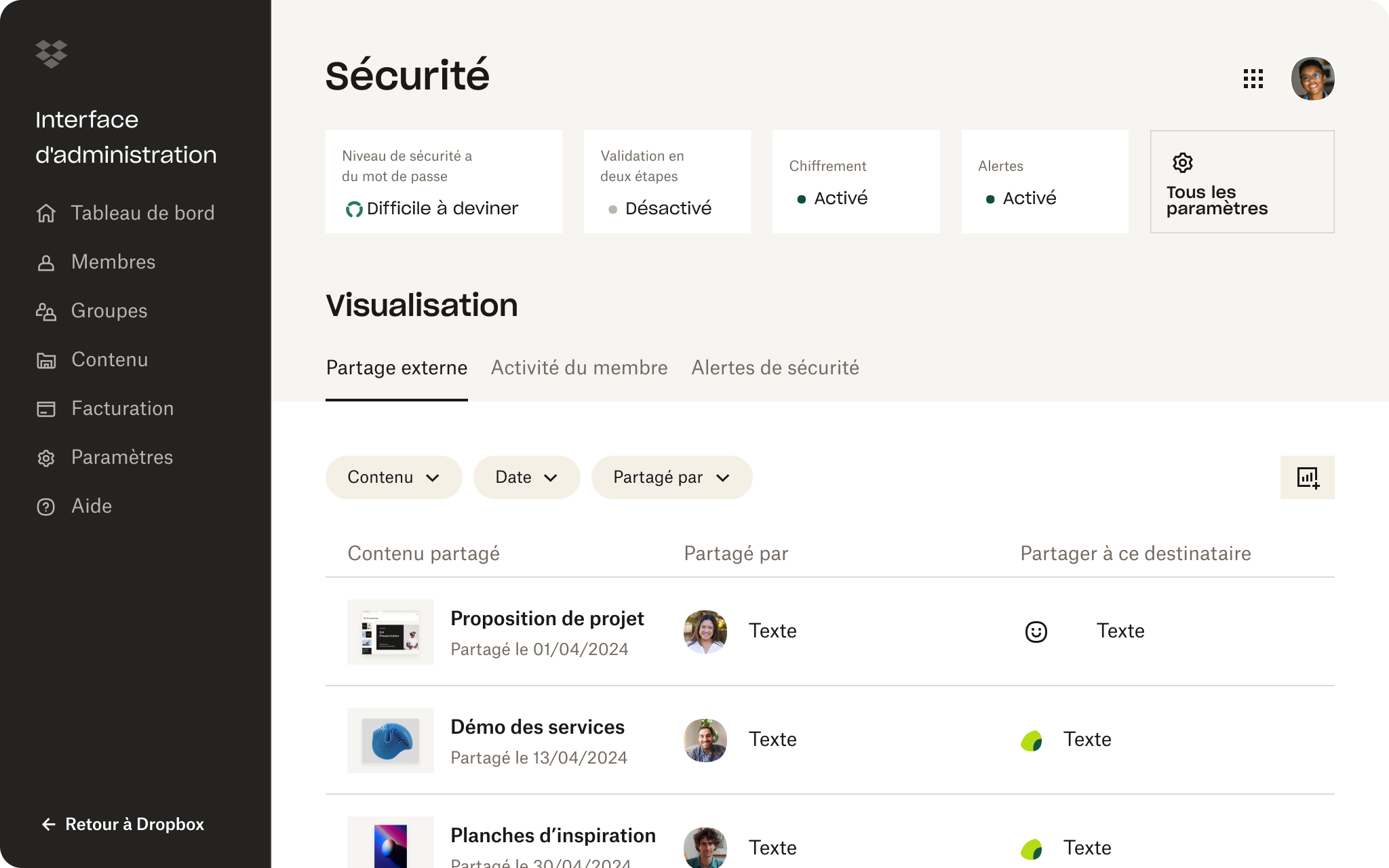 Capture d'écran de l'interface Dropbox montrant une personne consultant les paramètres de sécurité de son compte.