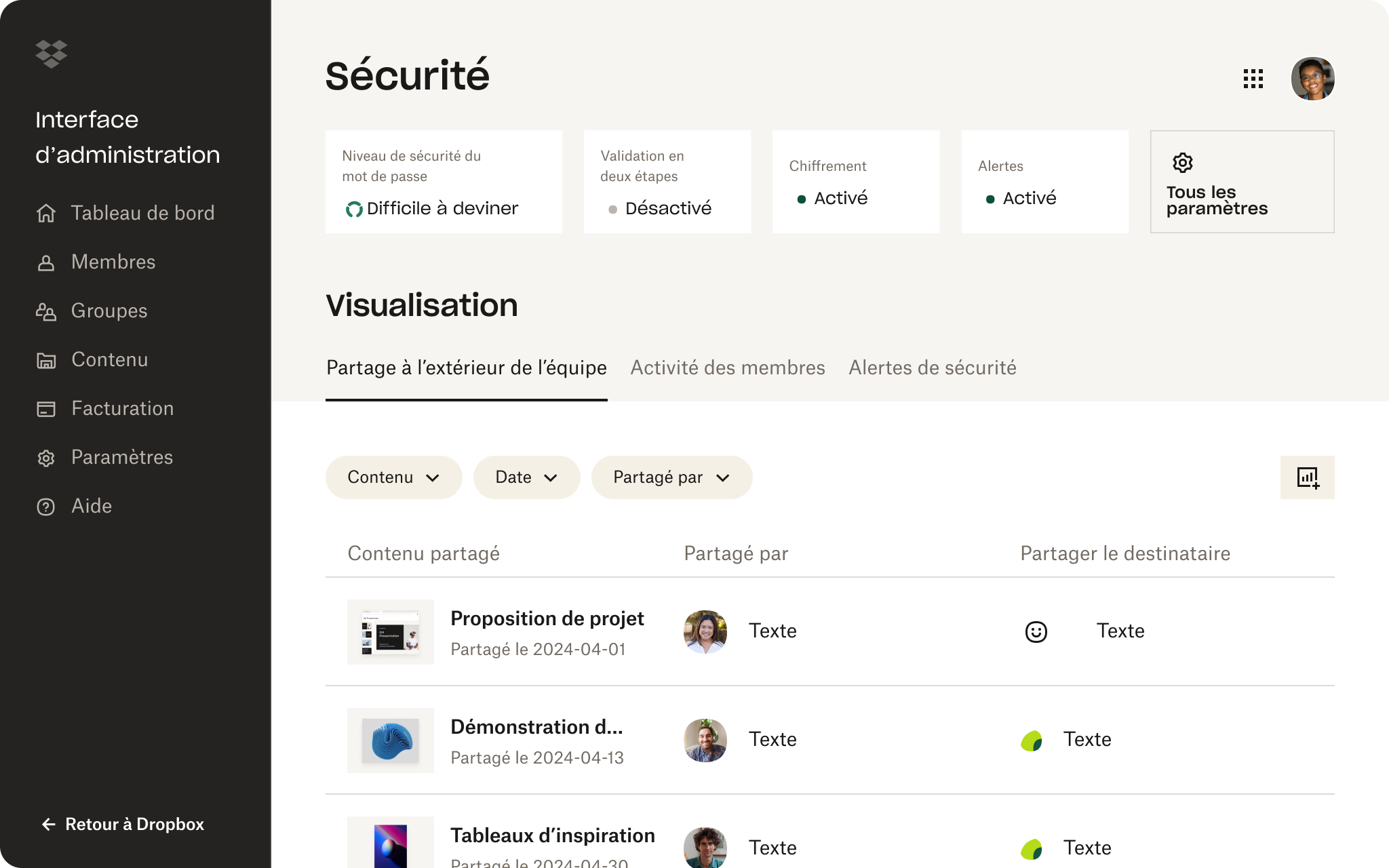 Capture d’écran de l’interface Dropbox montrant une personne examinant les paramètres de sécurité dans son compte.
