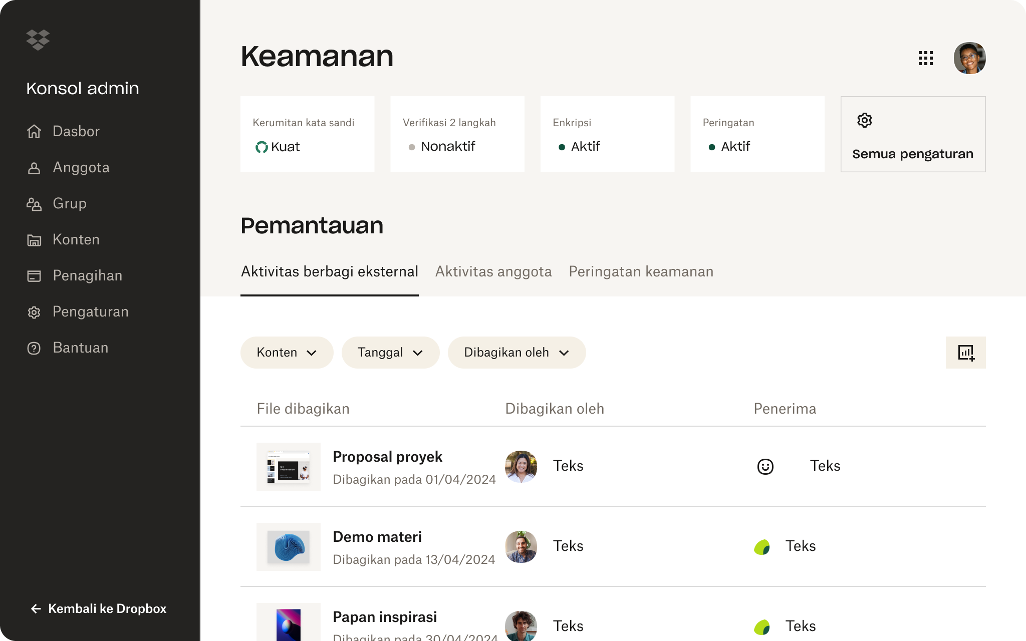 Tangkapan layar antarmuka Dropbox yang menampilkan seseorang meninjau pengaturan keamanan di akun mereka