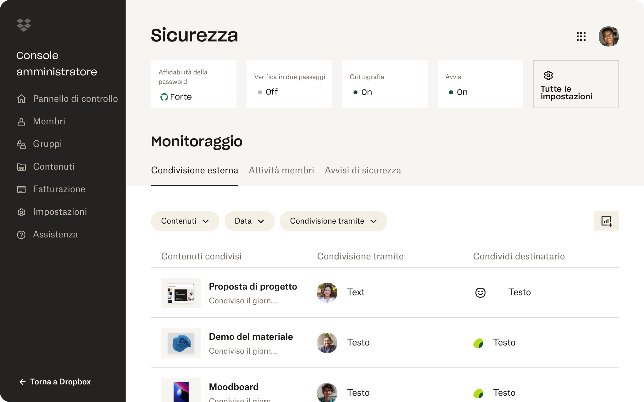 Uno screenshot dell’interfaccia di Dropbox che mostra una persona che esamina le impostazioni di sicurezza nel proprio account.