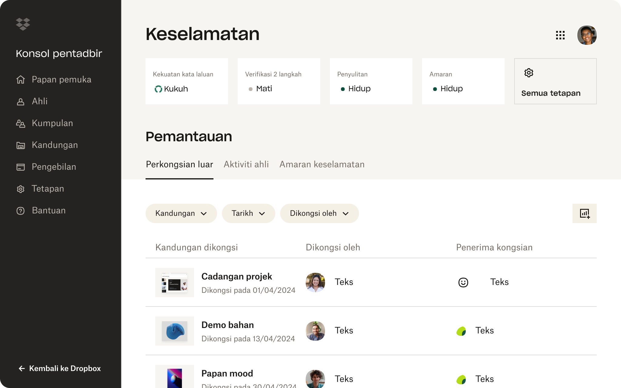 Tangkapan skrin antara muka Dropbox yang menunjukkan seseorang menyemak tetapan keselamatan dalam akaun mereka