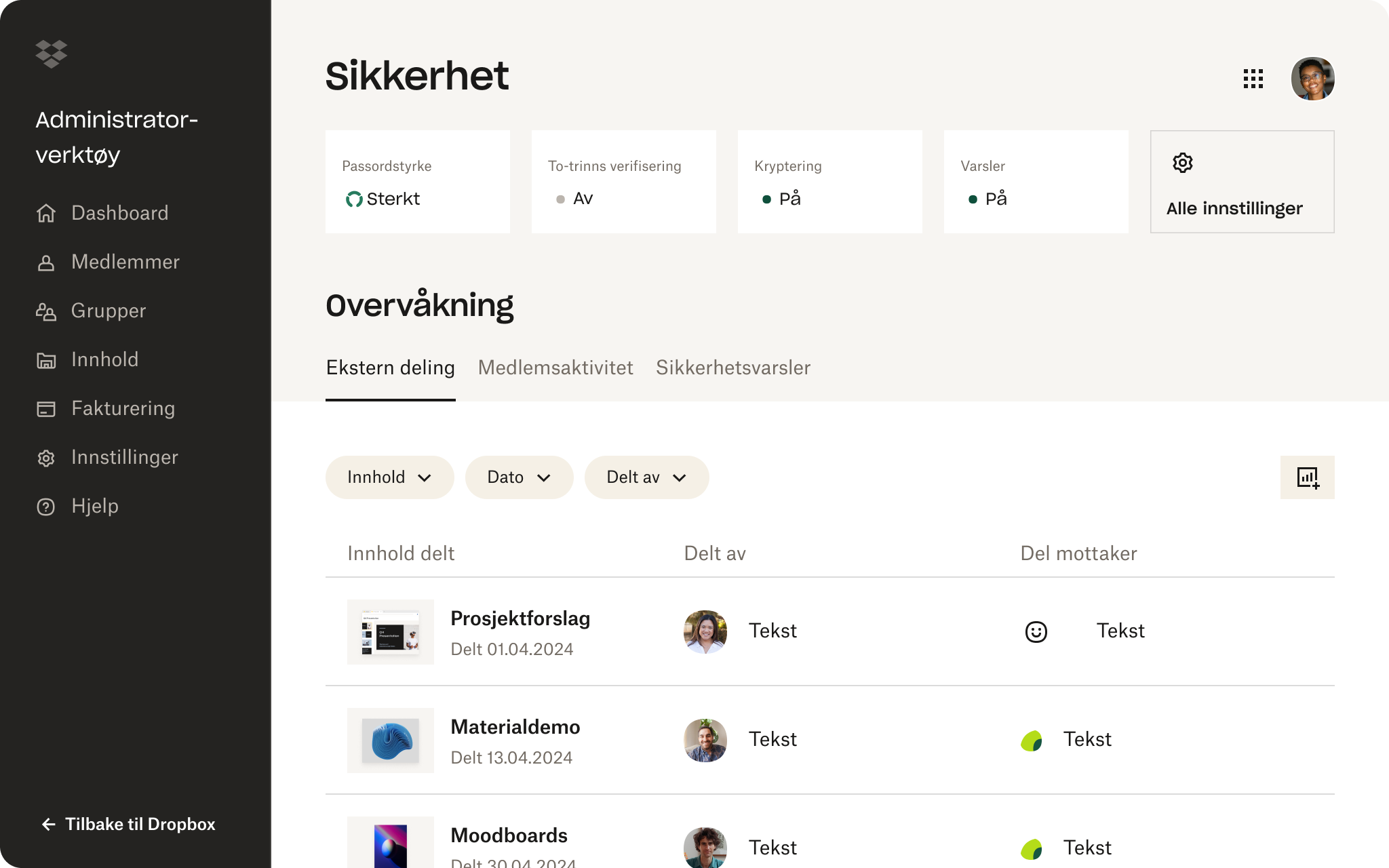 Et skjermbilde av Dropbox-grensesnittet som viser noen som gjennomgår sikkerhetsinnstillinger på sin konto