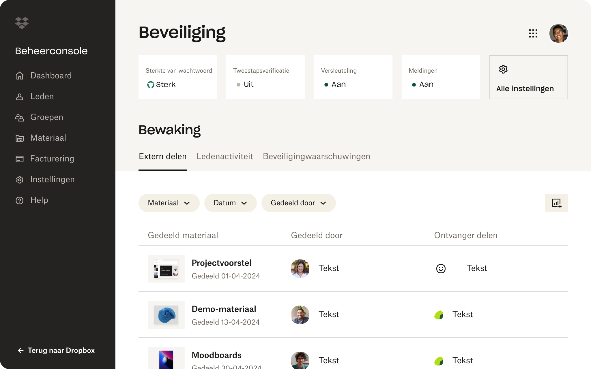 Een screenshot van de Dropbox-interface waarop iemand de beveiligingsinstellingen in zijn account bekijkt