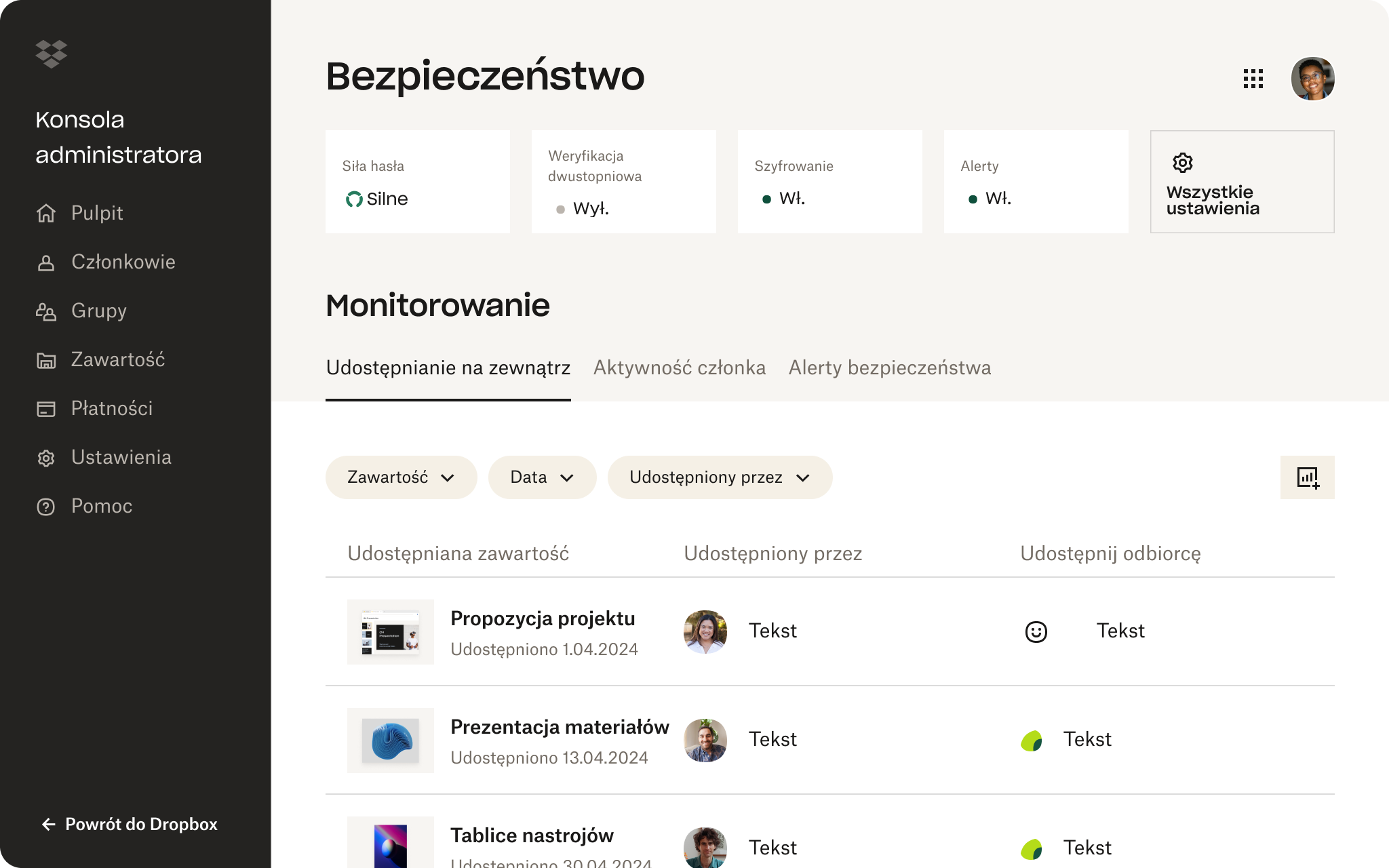 Zrzut ekranu interfejsu Dropbox przedstawiający osobę przeglądającą ustawienia zabezpieczeń na swoim koncie
