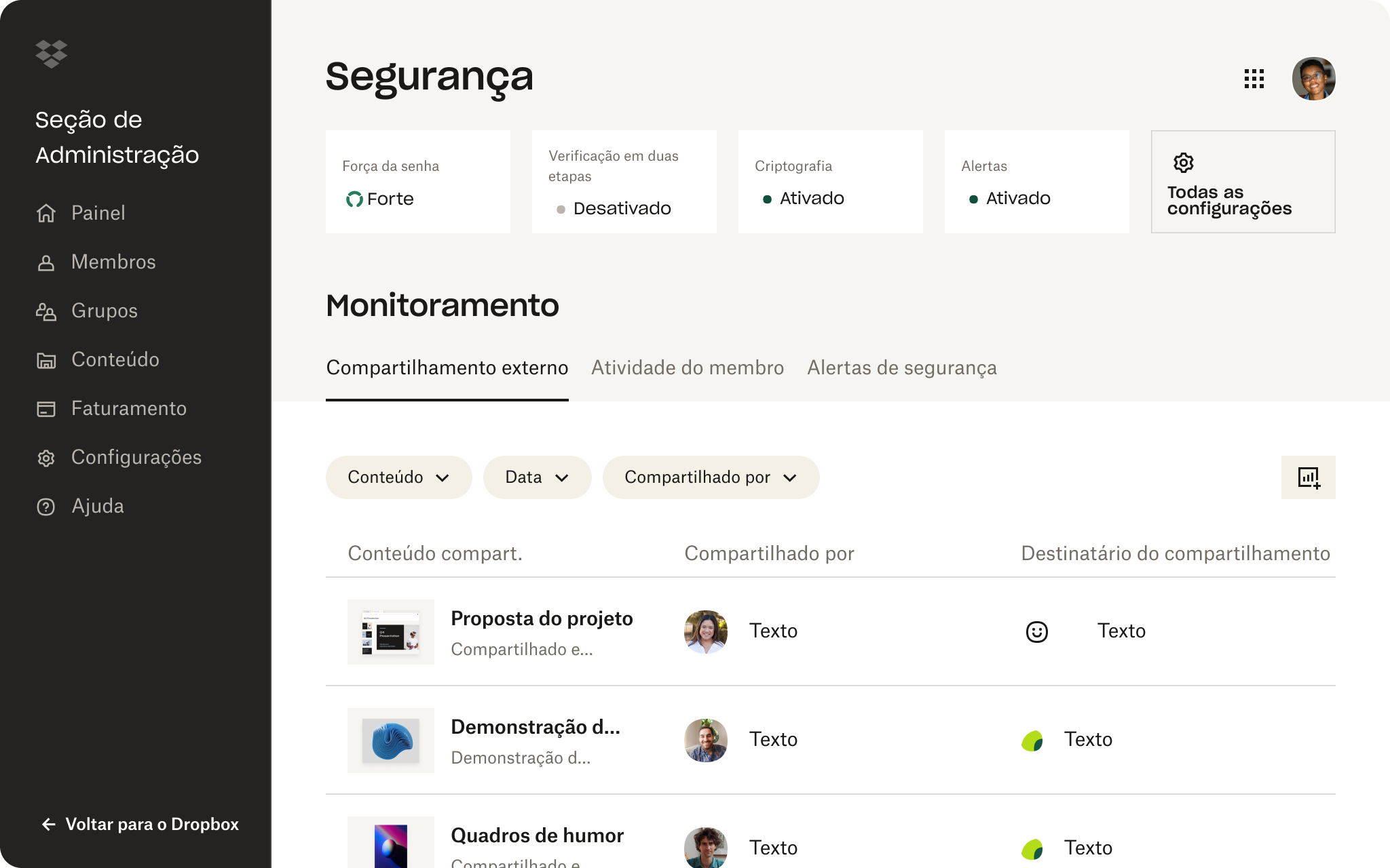 Captura de tela da interface do Dropbox mostrando alguém revisando as configurações de segurança da conta.