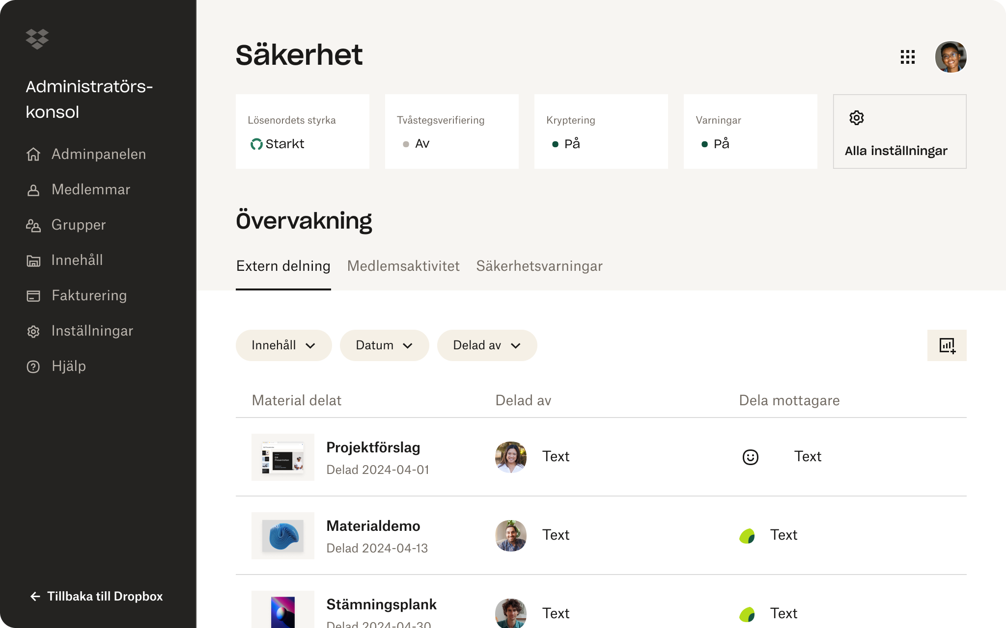 Ett skärmklipp av Dropbox-gränssnittet som visar någon som granskar säkerhetsinställningarna i sitt konto