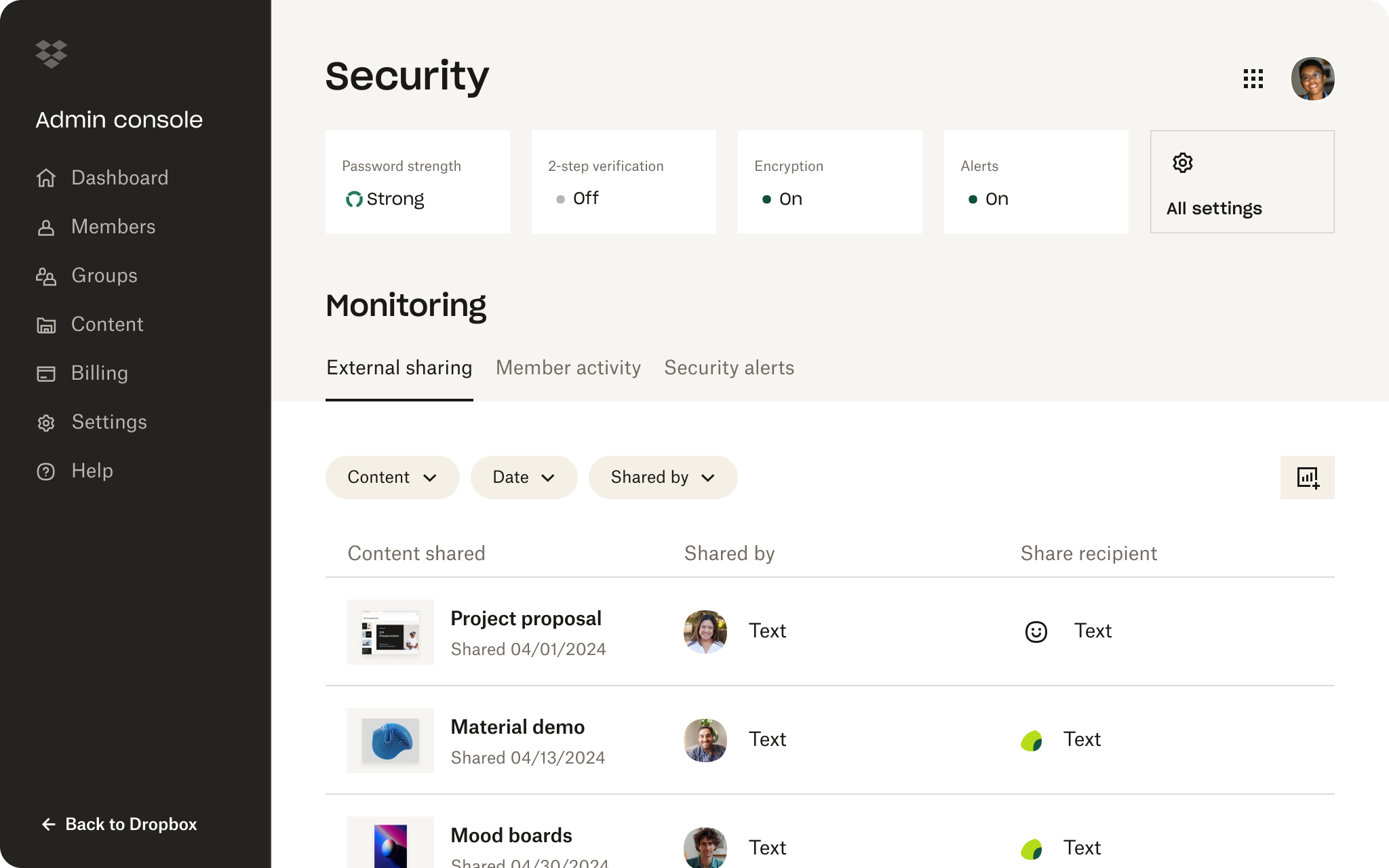 A screenshot of the Dropbox interface showing someone reviewing the security settings in their account