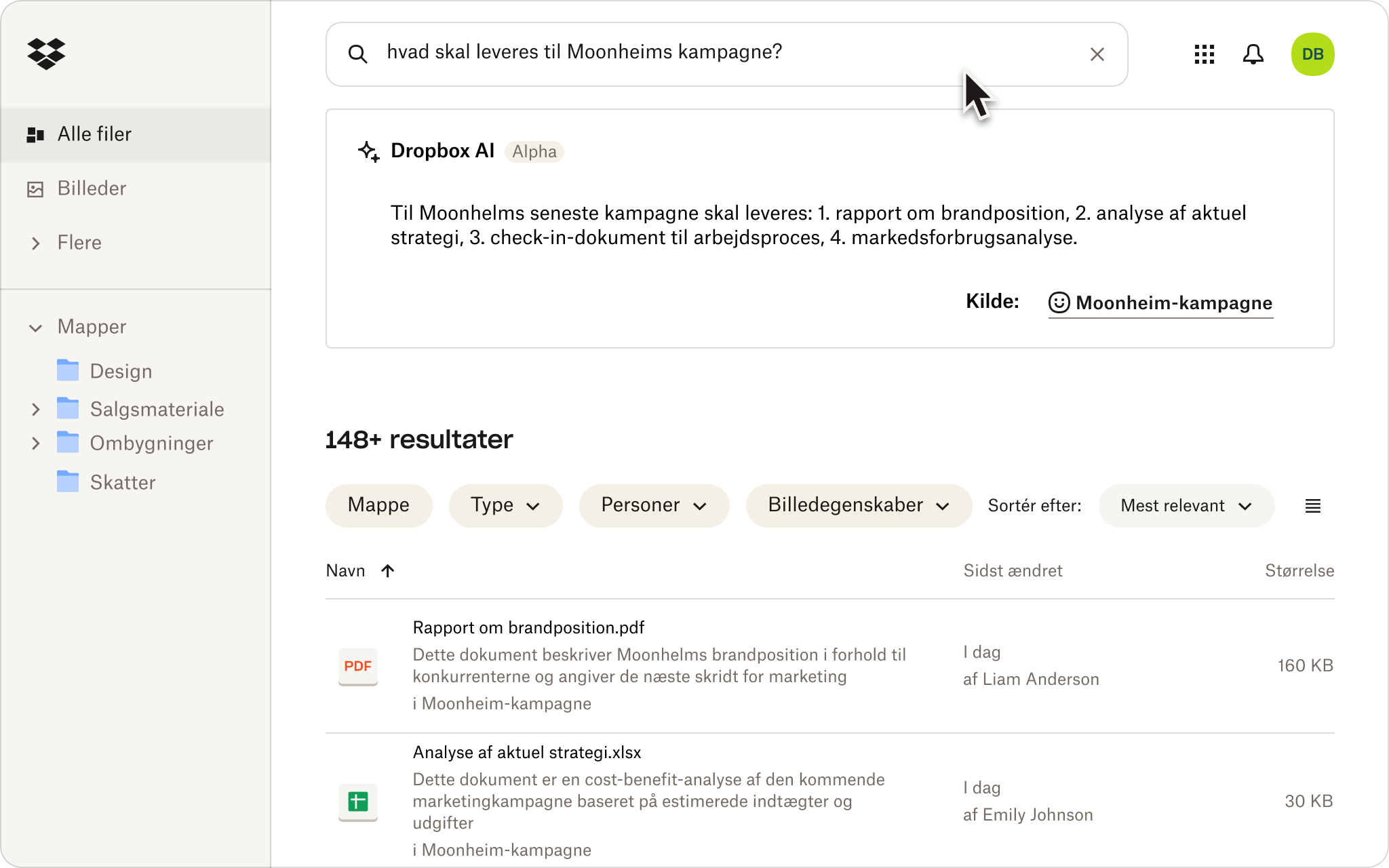 Et skærmbillede af en person, der bruger naturligt sprog til at søge efter filer i sit Dropbox-cloudlager.