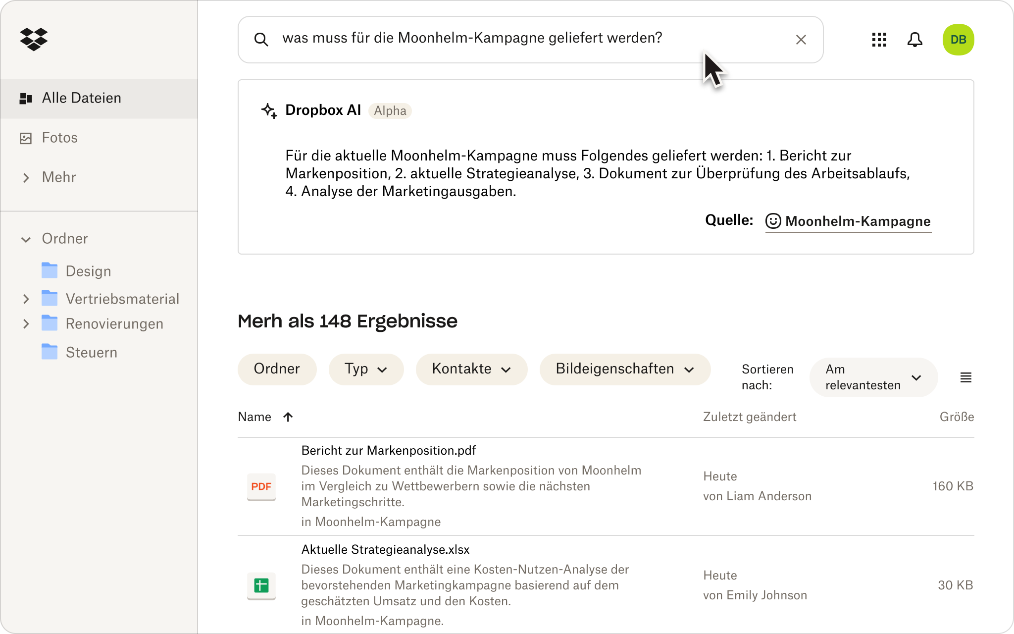 Ein Screenshot, der zeigt, wie jemand mithilfe natürlicher Sprache nach Dateien im Dropbox Cloud-Speicher suchen nach.