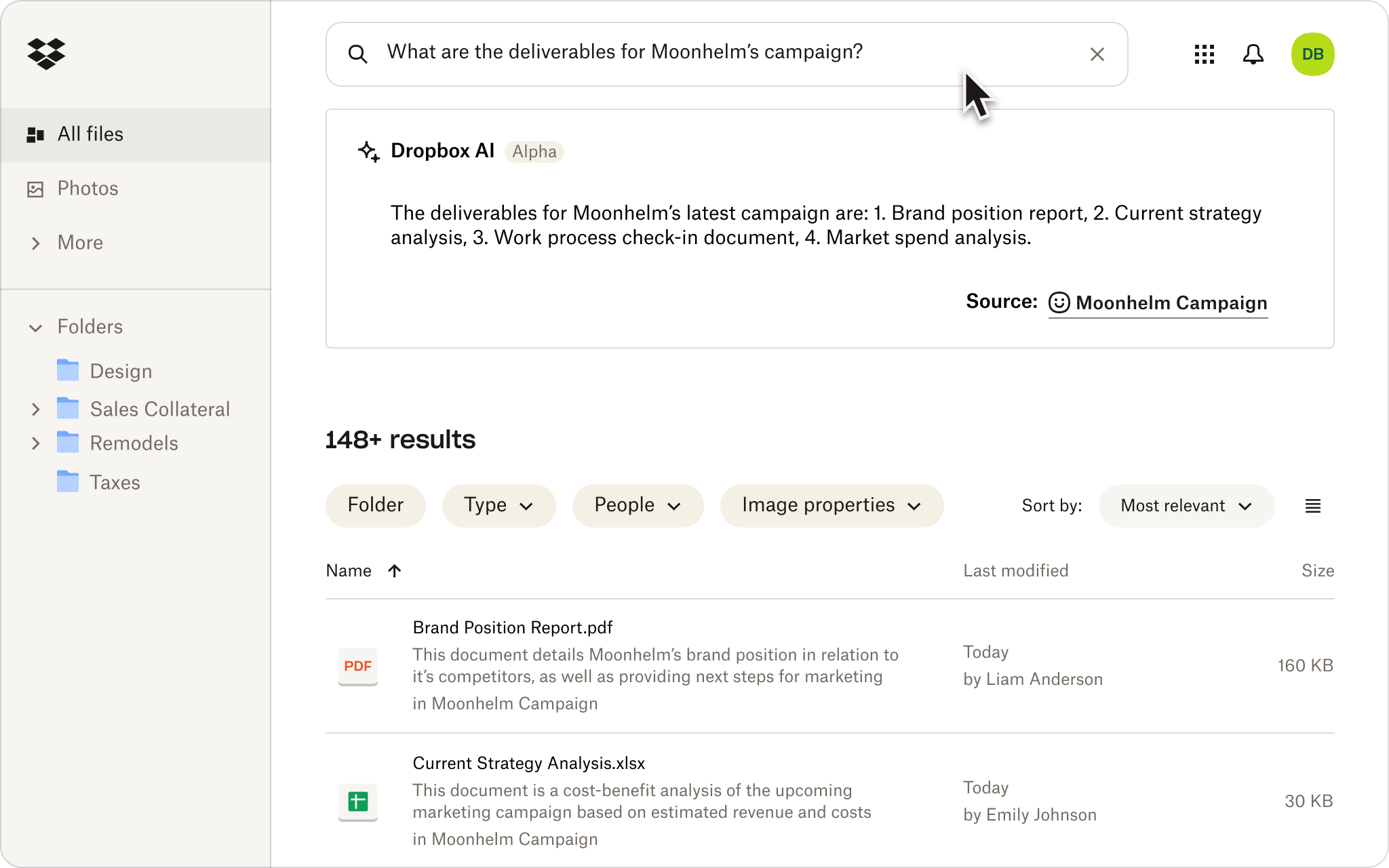 A screenshot of someone using natural language to search for files in their Dropbox cloud storage.