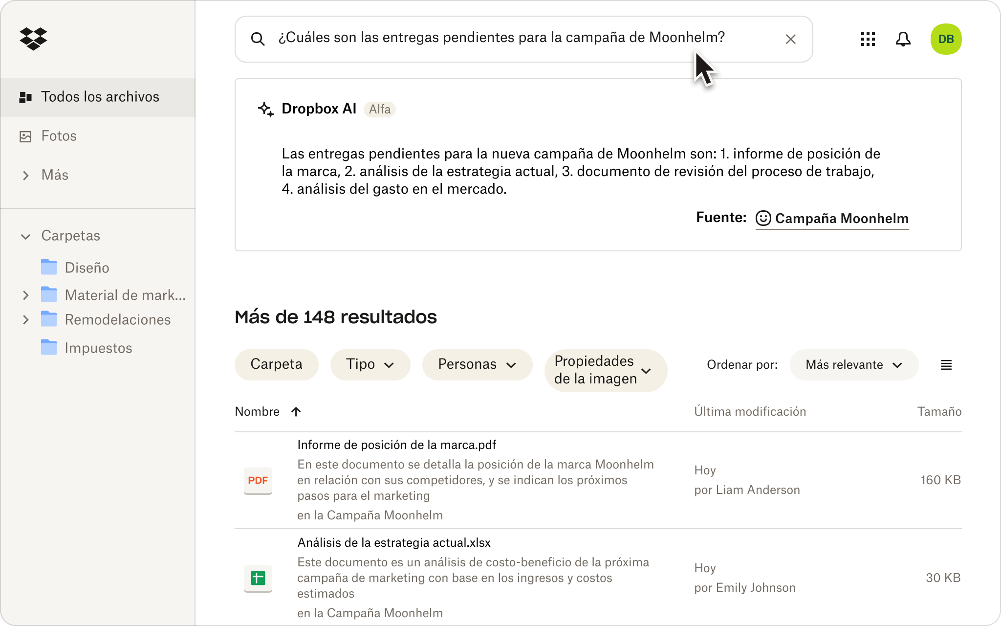 Una captura de pantalla de alguien que usa lenguaje natural para buscar archivos en su almacenamiento en la nube de Dropbox.