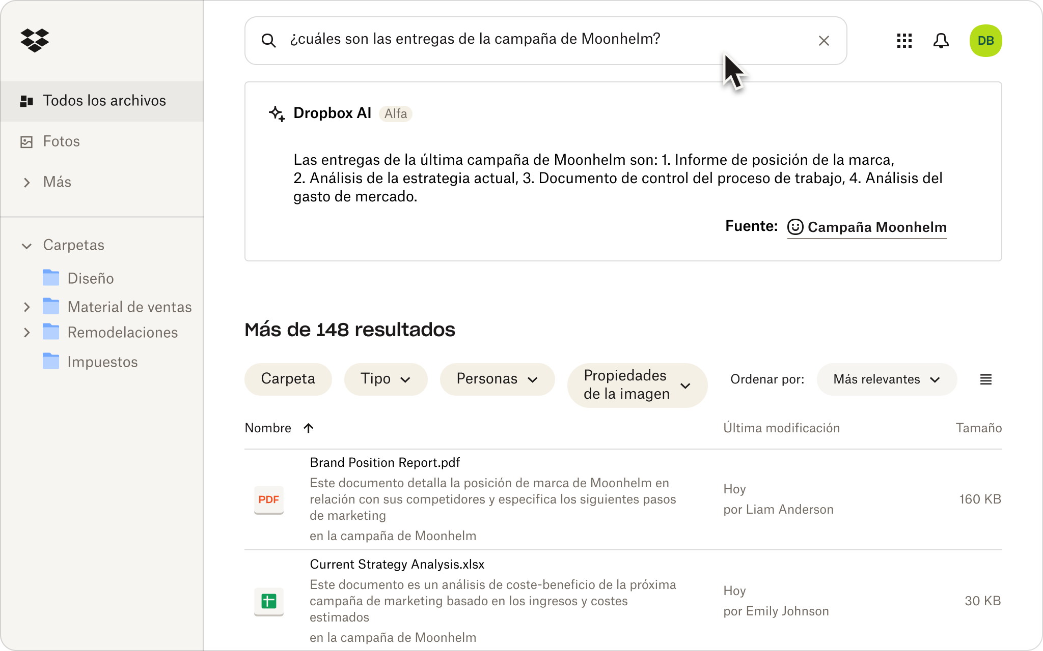 Una captura de pantalla de alguien que usa lenguaje natural para buscar archivos en su almacenamiento en la nube de Dropbox.