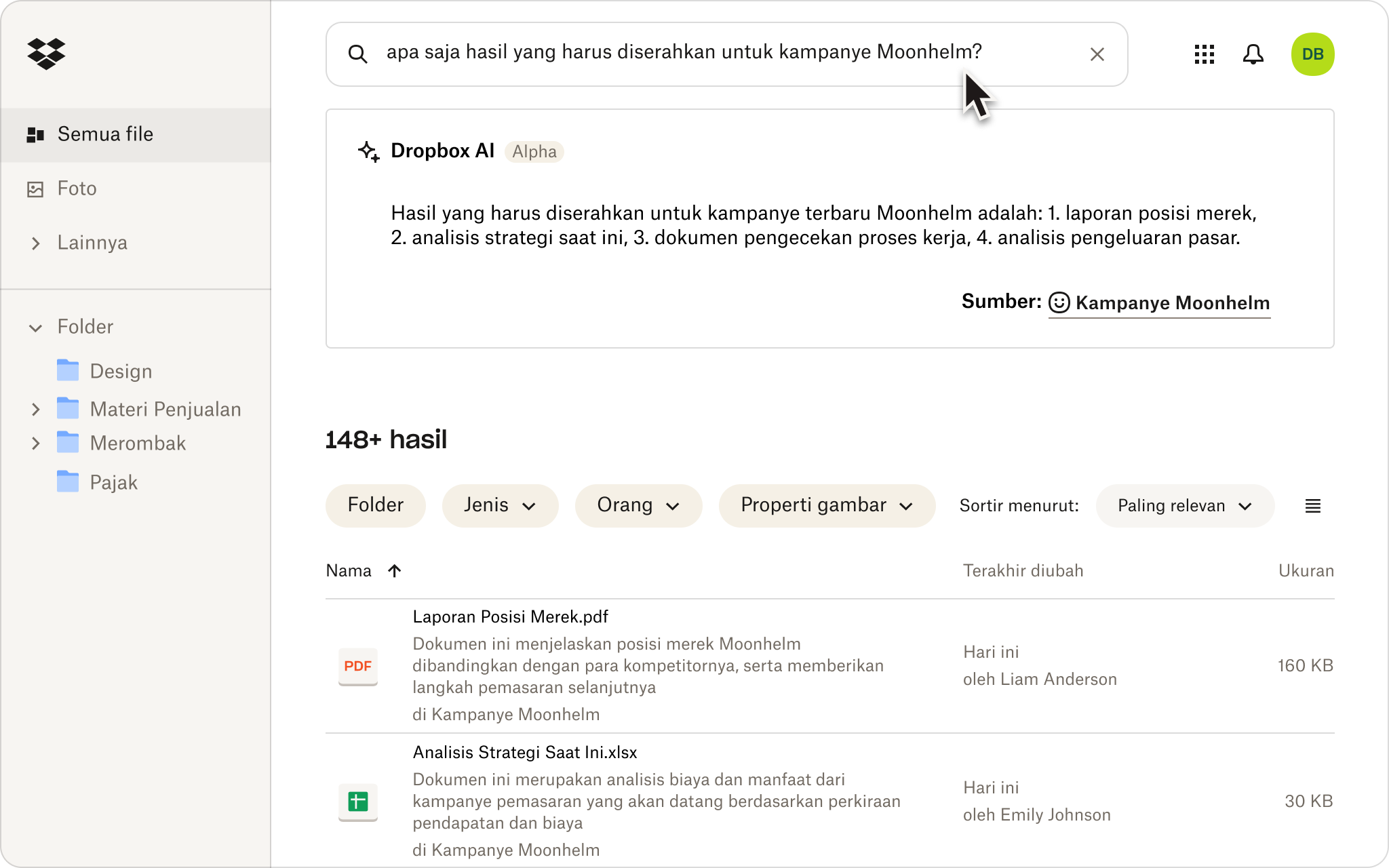 Tangkapan layar seseorang yang menggunakan bahasa alami untuk mencari file di penyimpanan cloud Dropbox mereka.