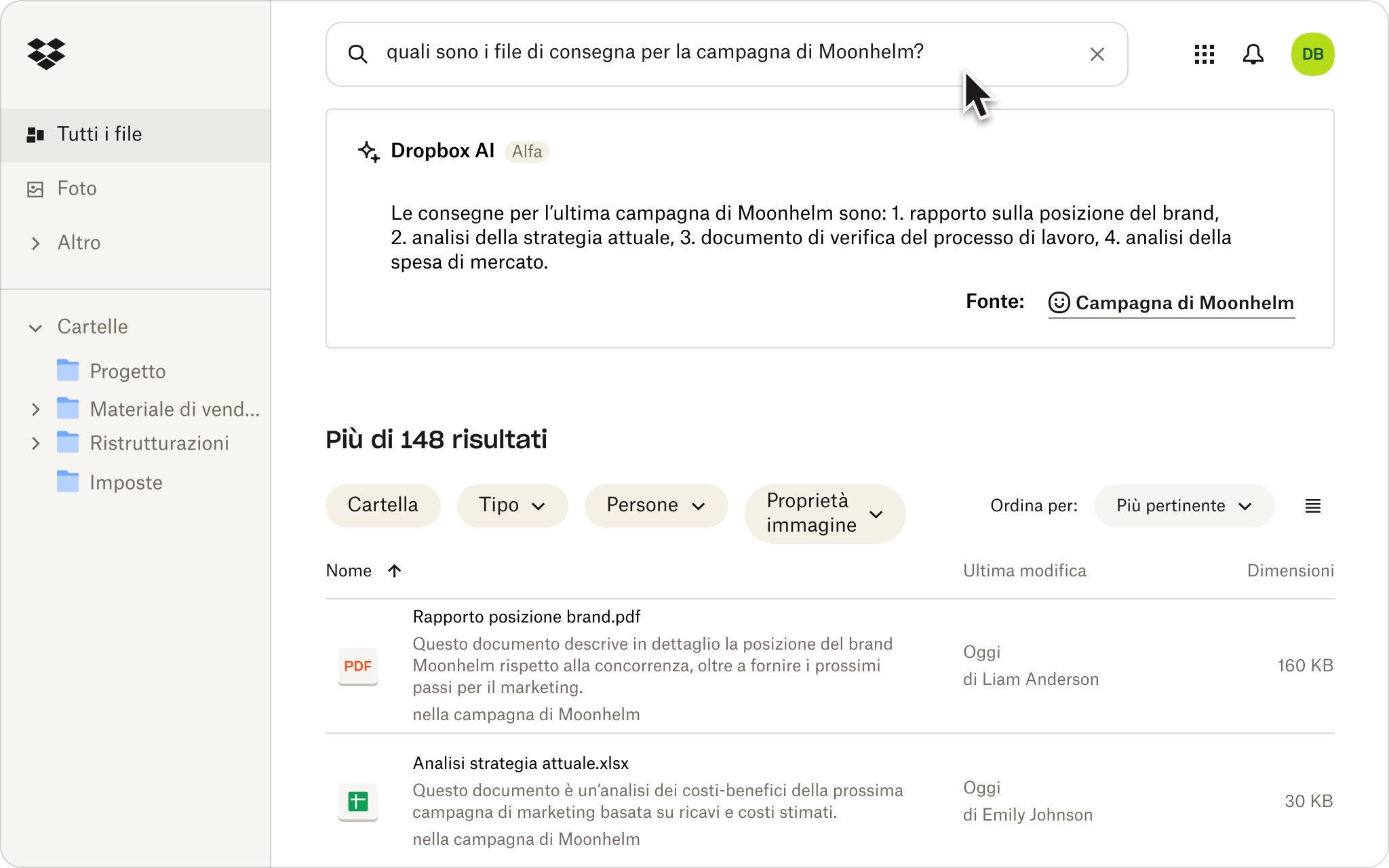 Uno screenshot di una persona che utilizza il linguaggio naturale per cercare file nel proprio spazio di archiviazione cloud di Dropbox.