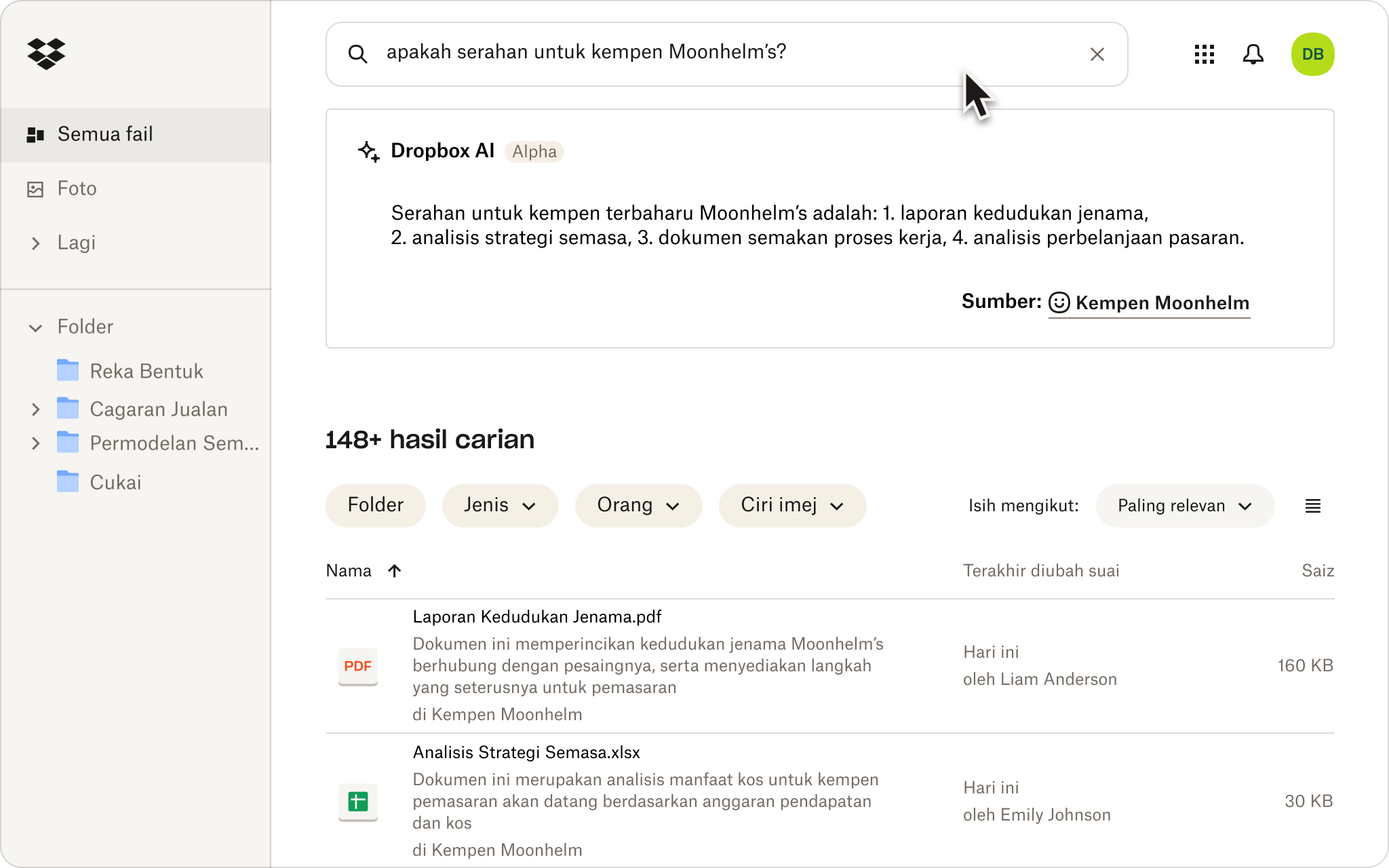 Tangkapan skrin seseorang yang menggunakan bahasa semula jadi untuk mencari fail dalam penyimpanan awan Dropbox mereka.