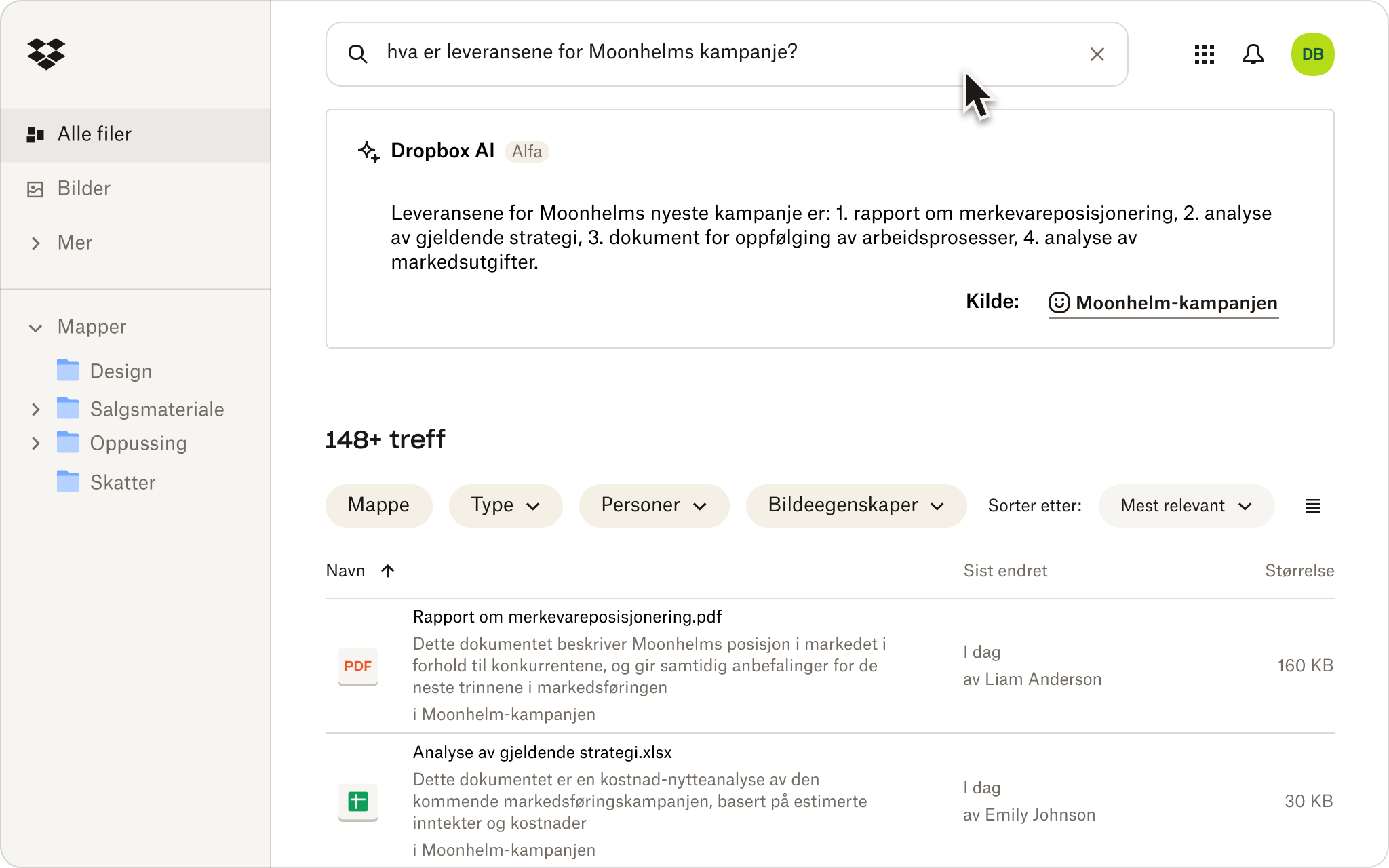 Et skjermbilde av noen som bruker naturlig språk til å søke etter filer i Dropbox-nettskylagringen sin.