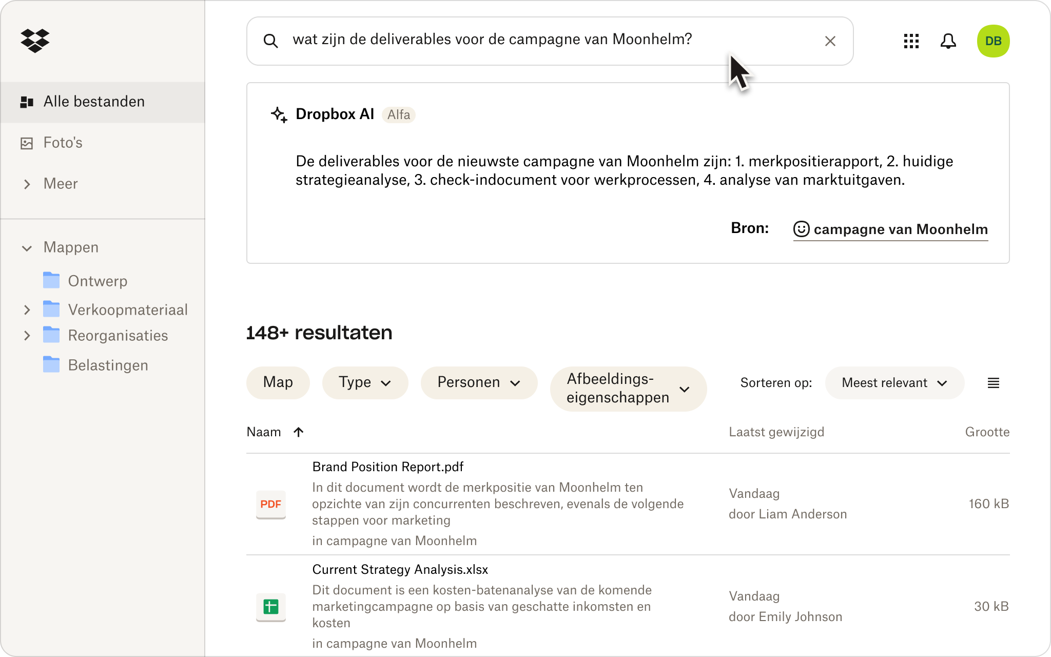 Een screenshot van iemand die natuurlijke taal gebruikt om naar bestanden te zoeken in hun Dropbox-cloudopslag.