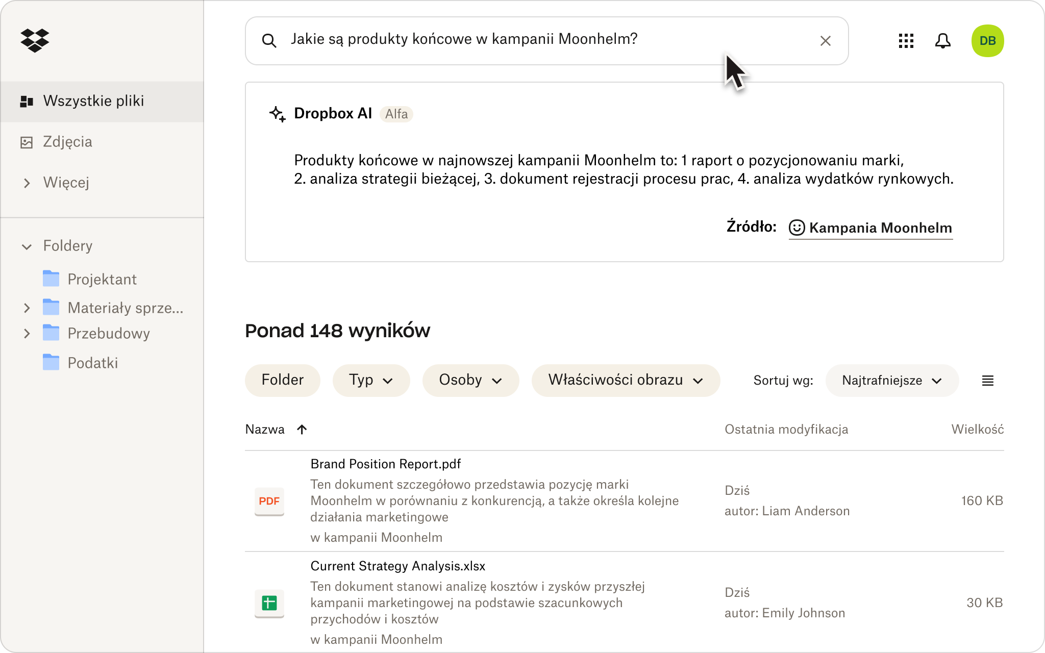 Zrzut ekranu przedstawiający osobę używającą języka naturalnego do wyszukiwania plików w przechowywaniu w chmurze Dropbox.