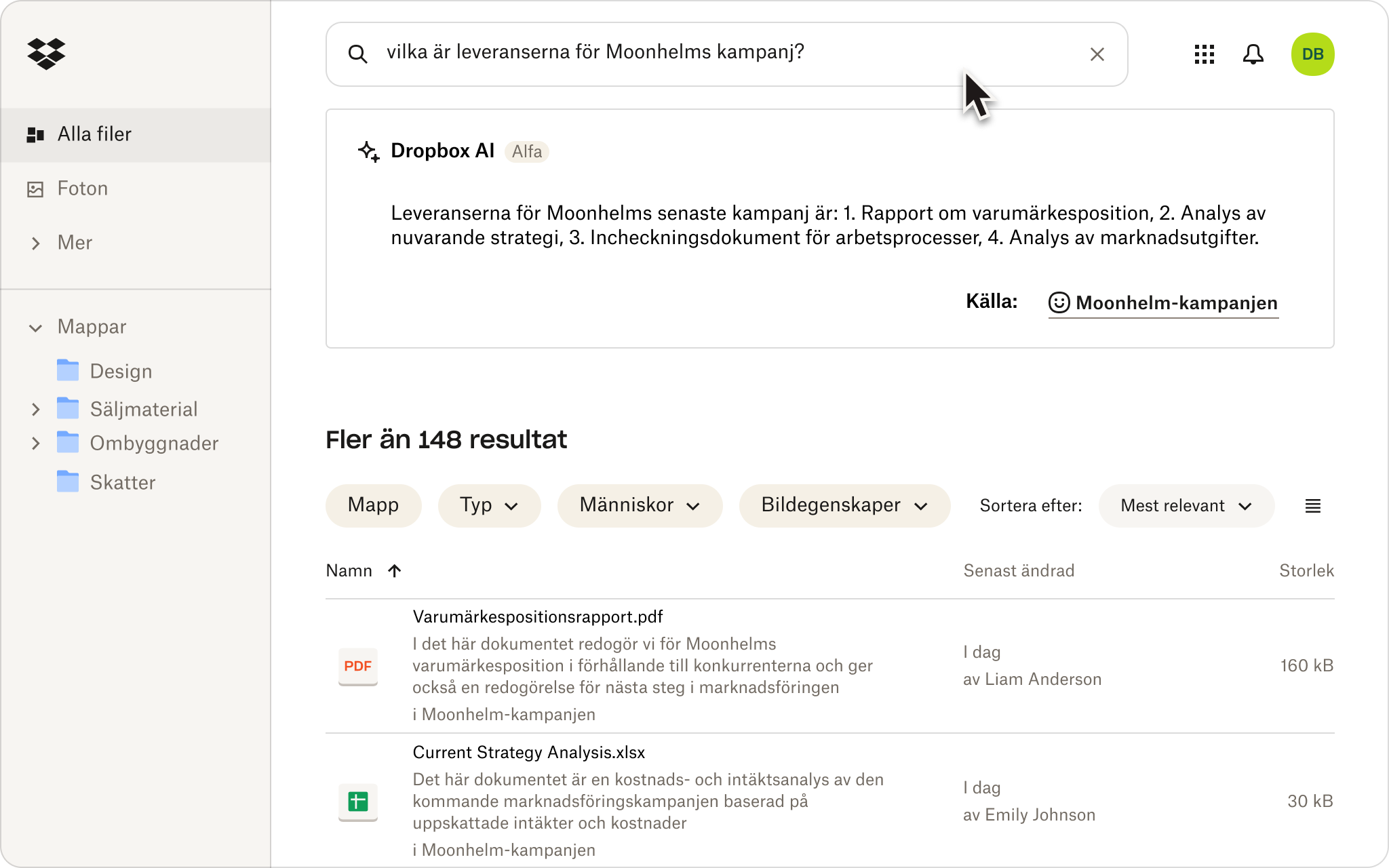 Ett skärmklipp av någon som använder naturligt språk för att söka efter filer i sin molnlagring i Dropbox.