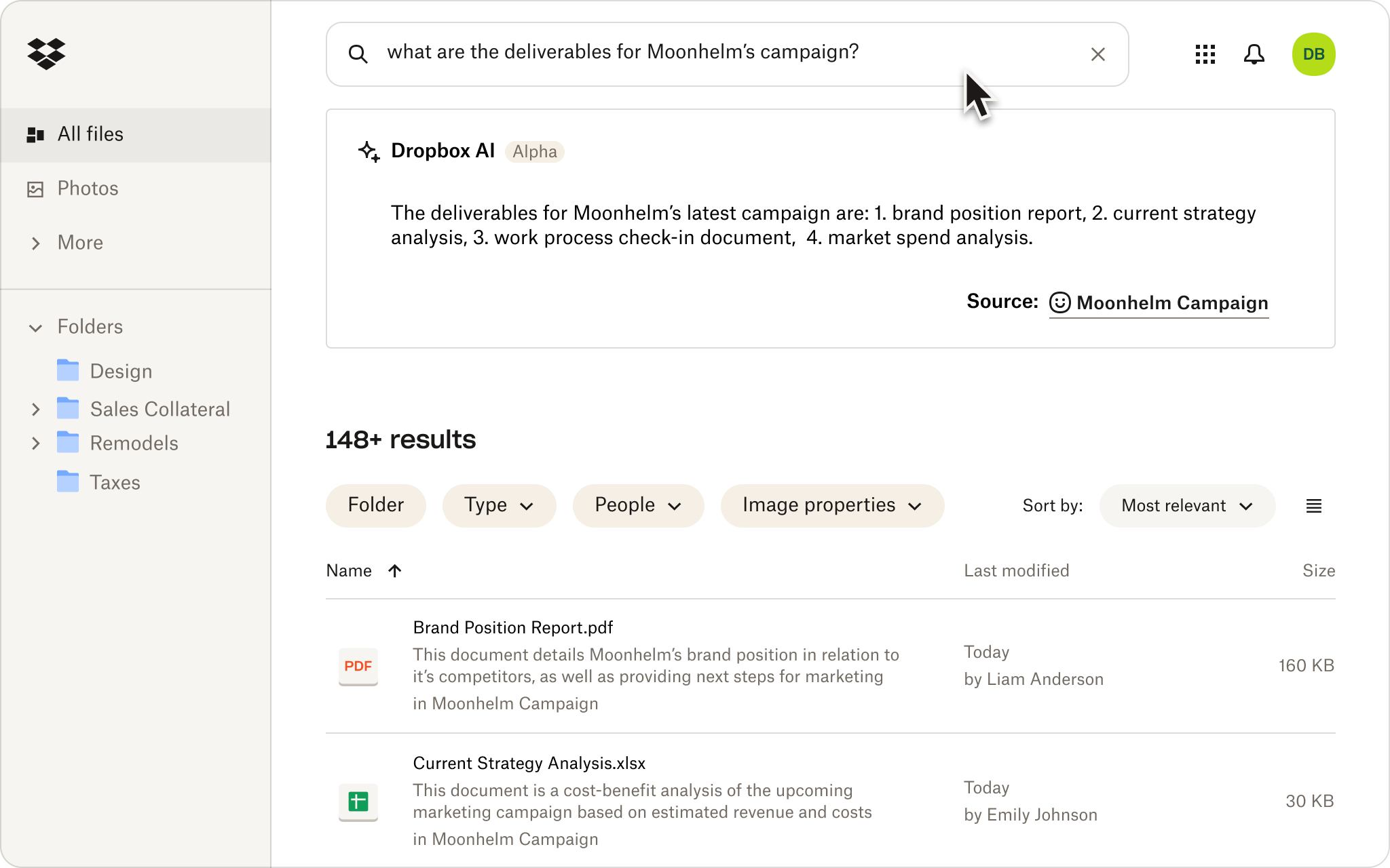 A screenshot of someone using natural language to search for files in their Dropbox cloud storage.