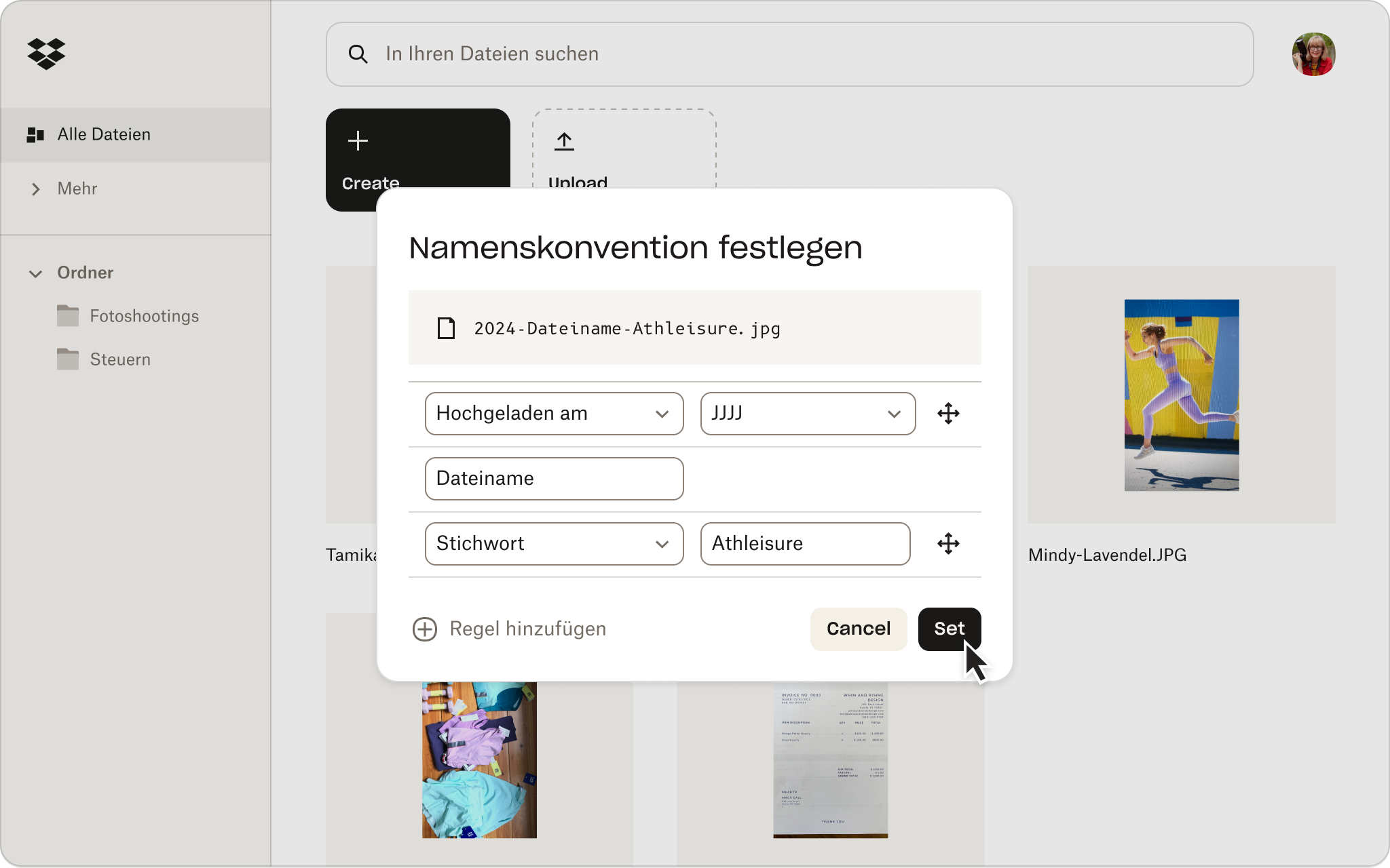 Dropbox-Benutzeroberfläche zum Festlegen der Benennungskonvention für importierte Dateien