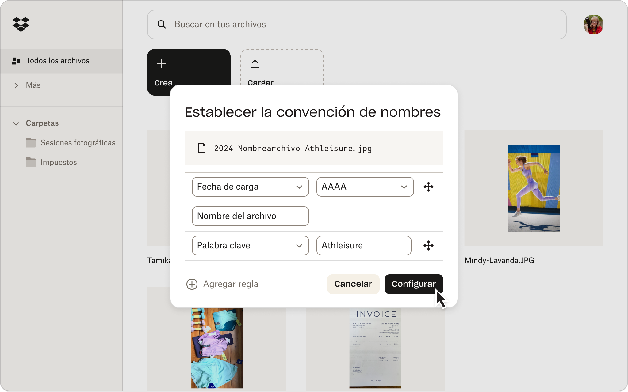 Captura de pantalla de la interfaz de Dropbox en la que se muestra a alguien estableciendo una convención de nombres en su almacenamiento en la nube.