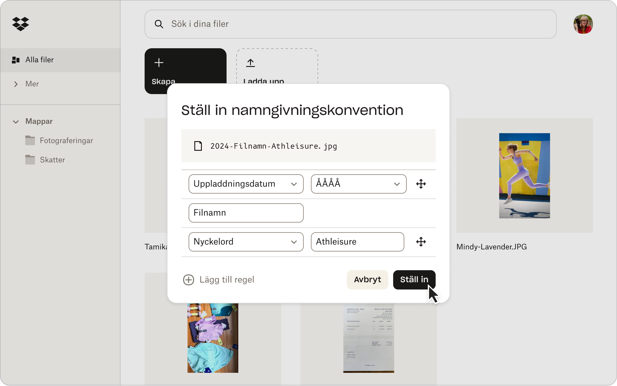 Ett skärmklipp av Dropbox-gränssnittet som visar hur någon anger en namngivningskonvention i sin molnlagring.