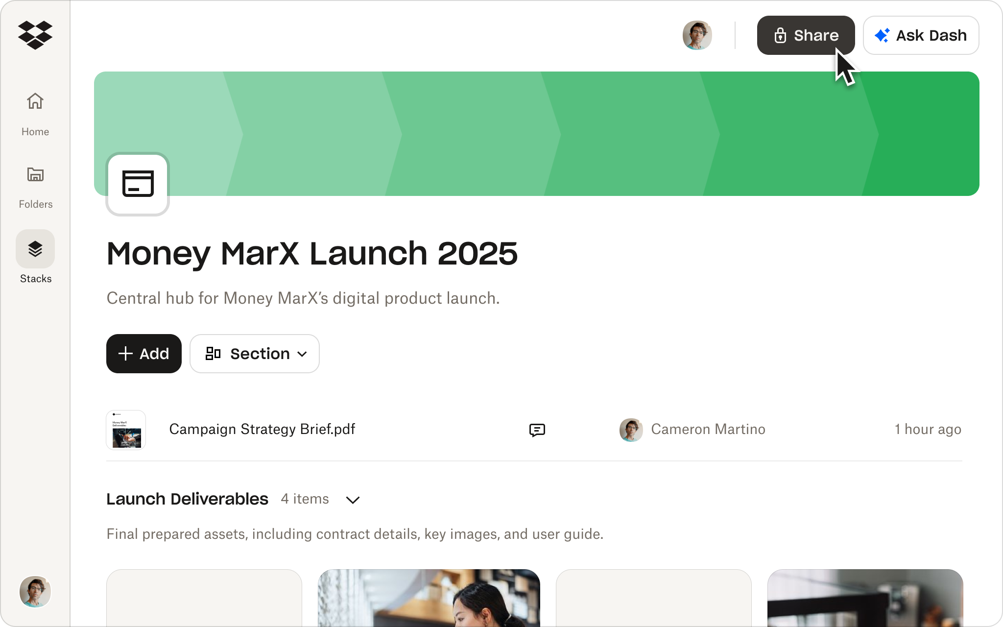 Dash in Dropbox stacks UI