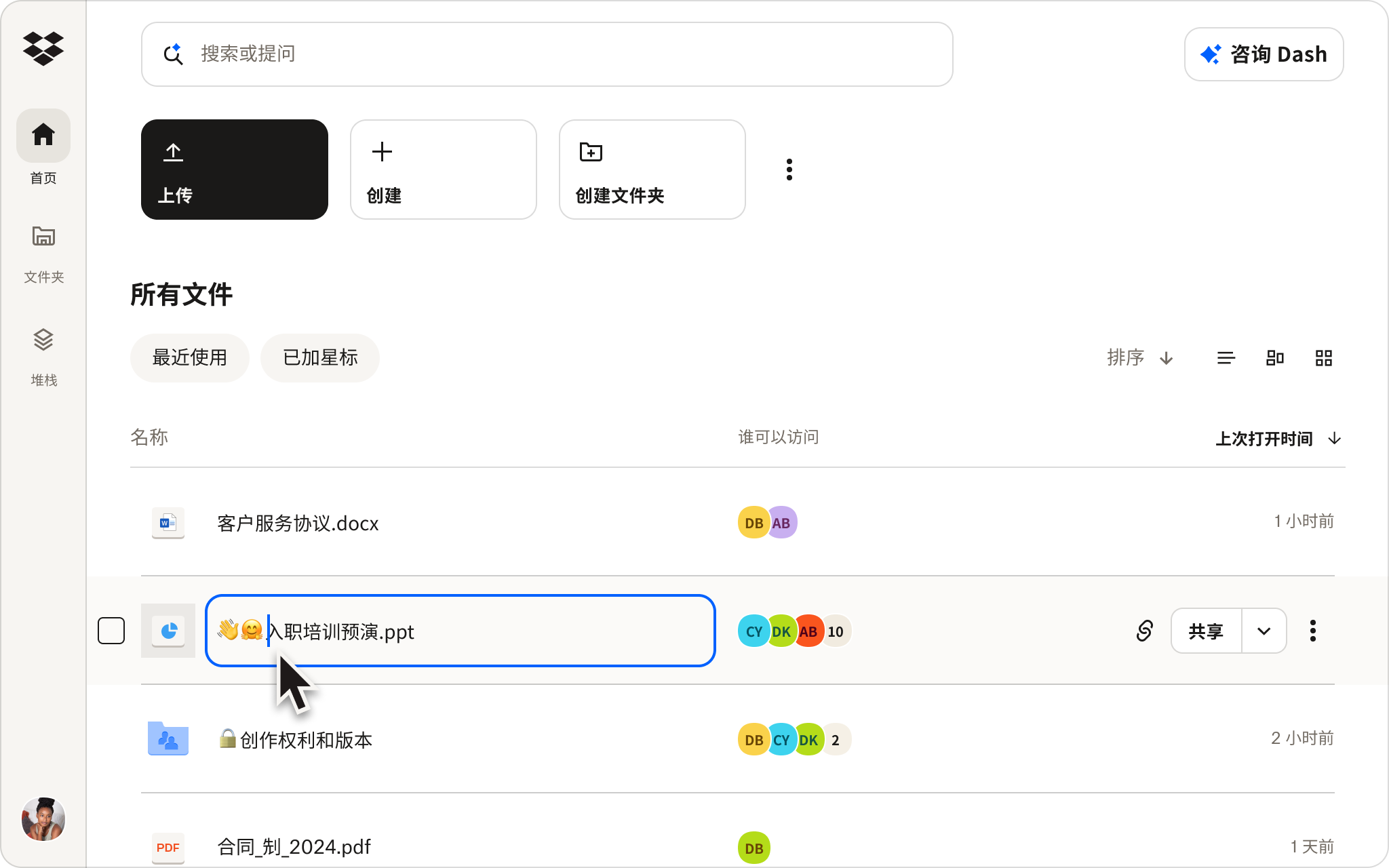 用户在其 Dropbox 云存储中存储了多个文档。