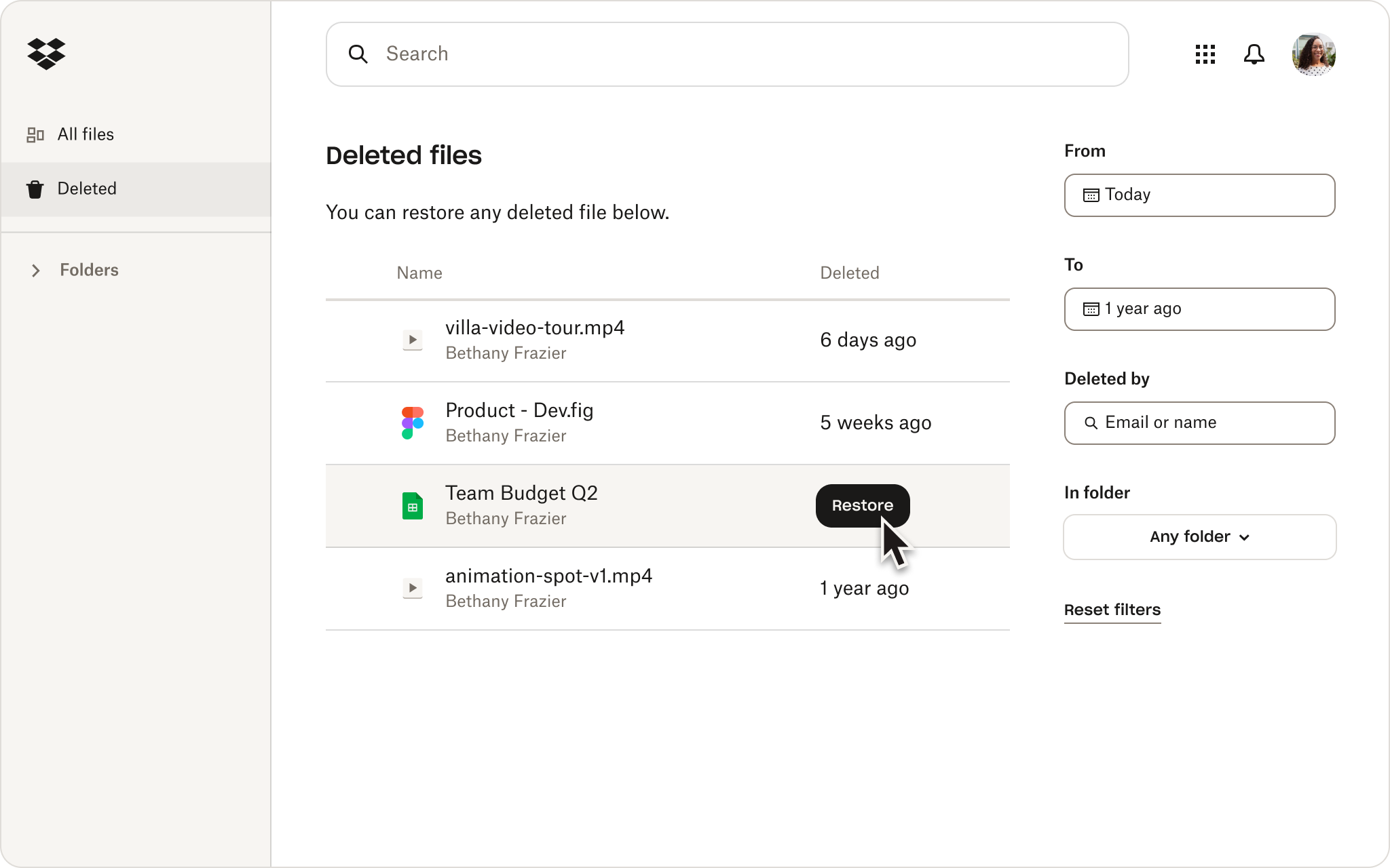 A screenshot of the Dropbox interface showing someone examining the deleted files in their cloud storage.