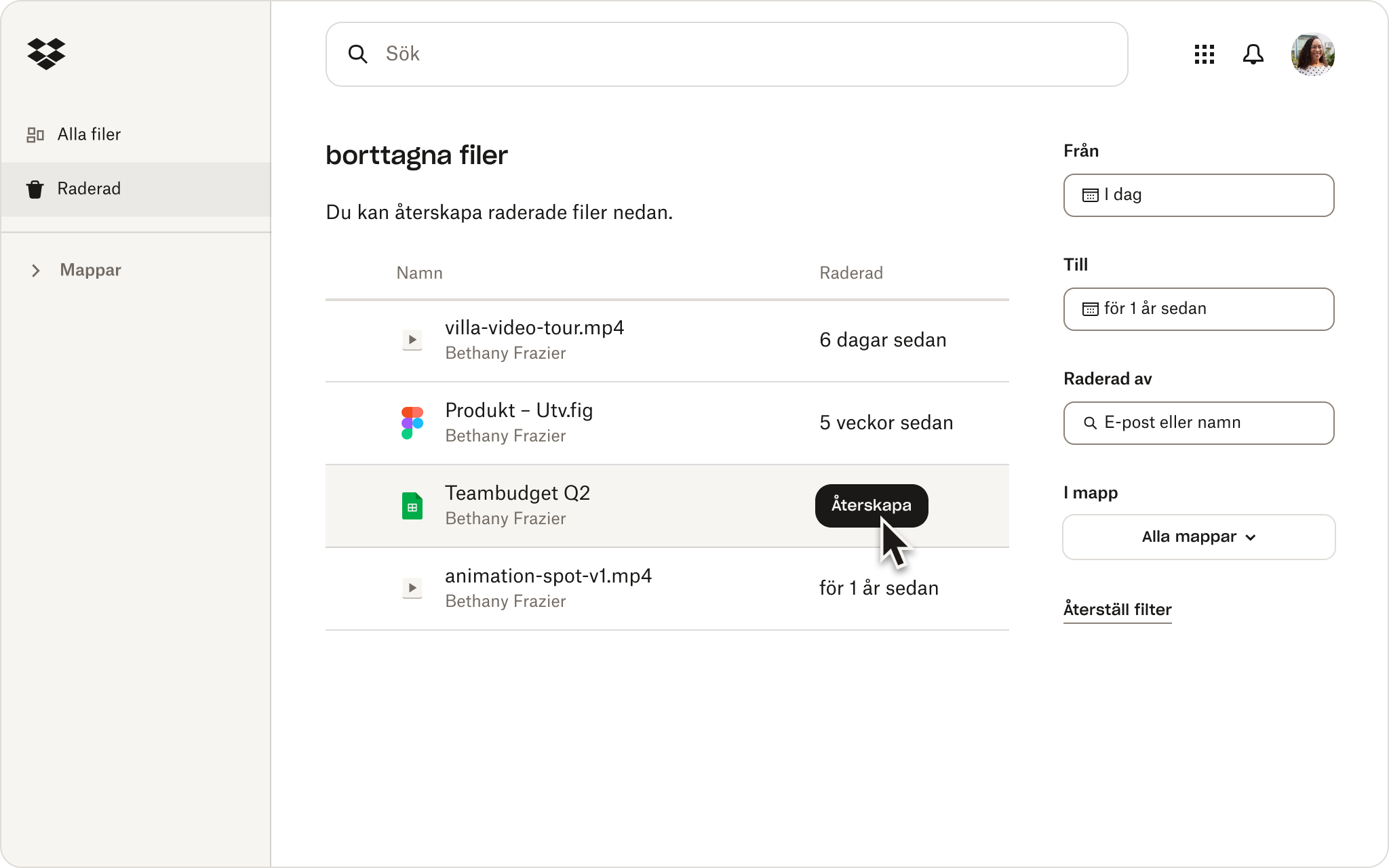 Ett skärmklipp av Dropbox-gränssnittet där någon granskar de raderade filerna i sin molnlagring.