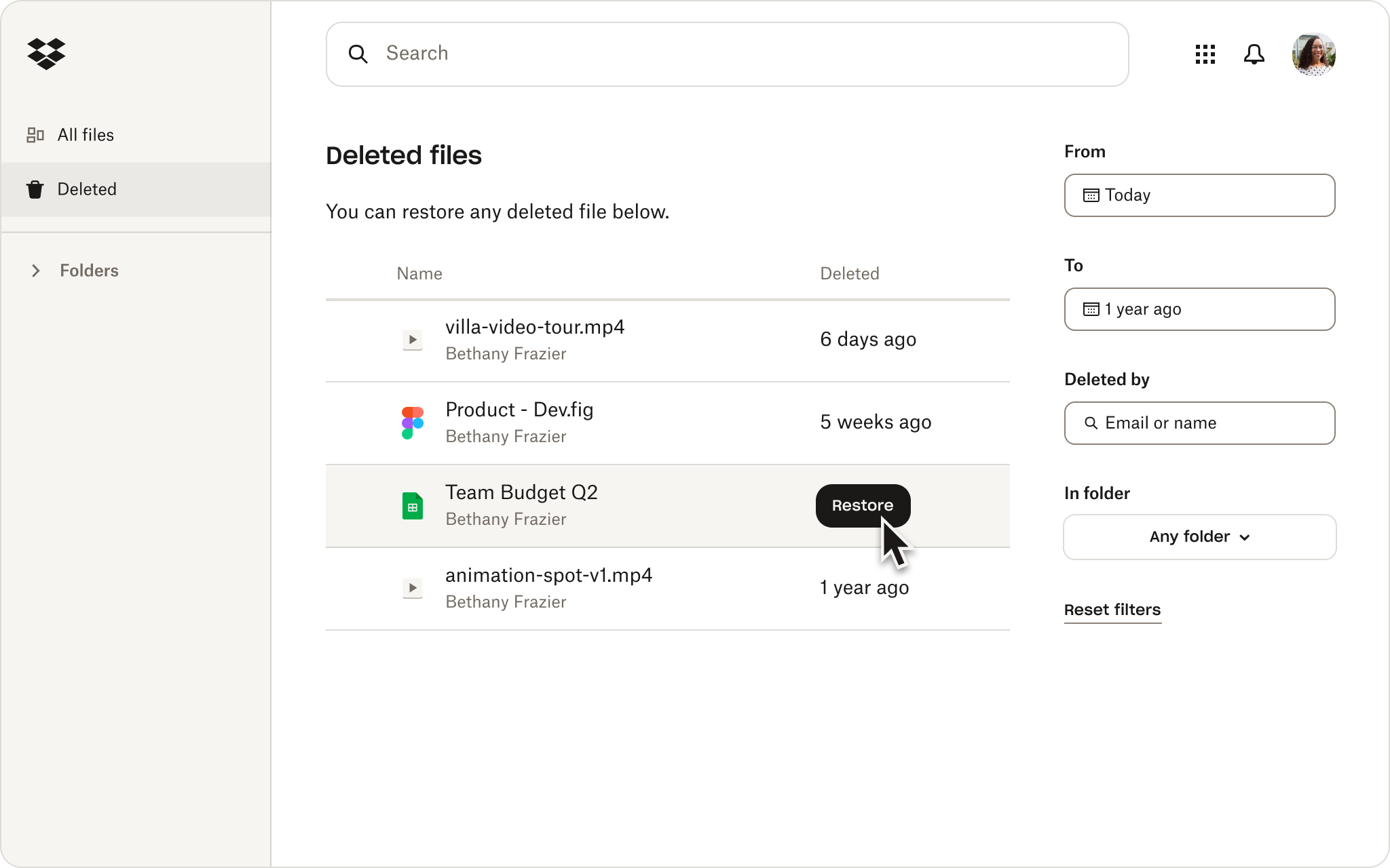 Dropbox UI of deleted files and how to restore them