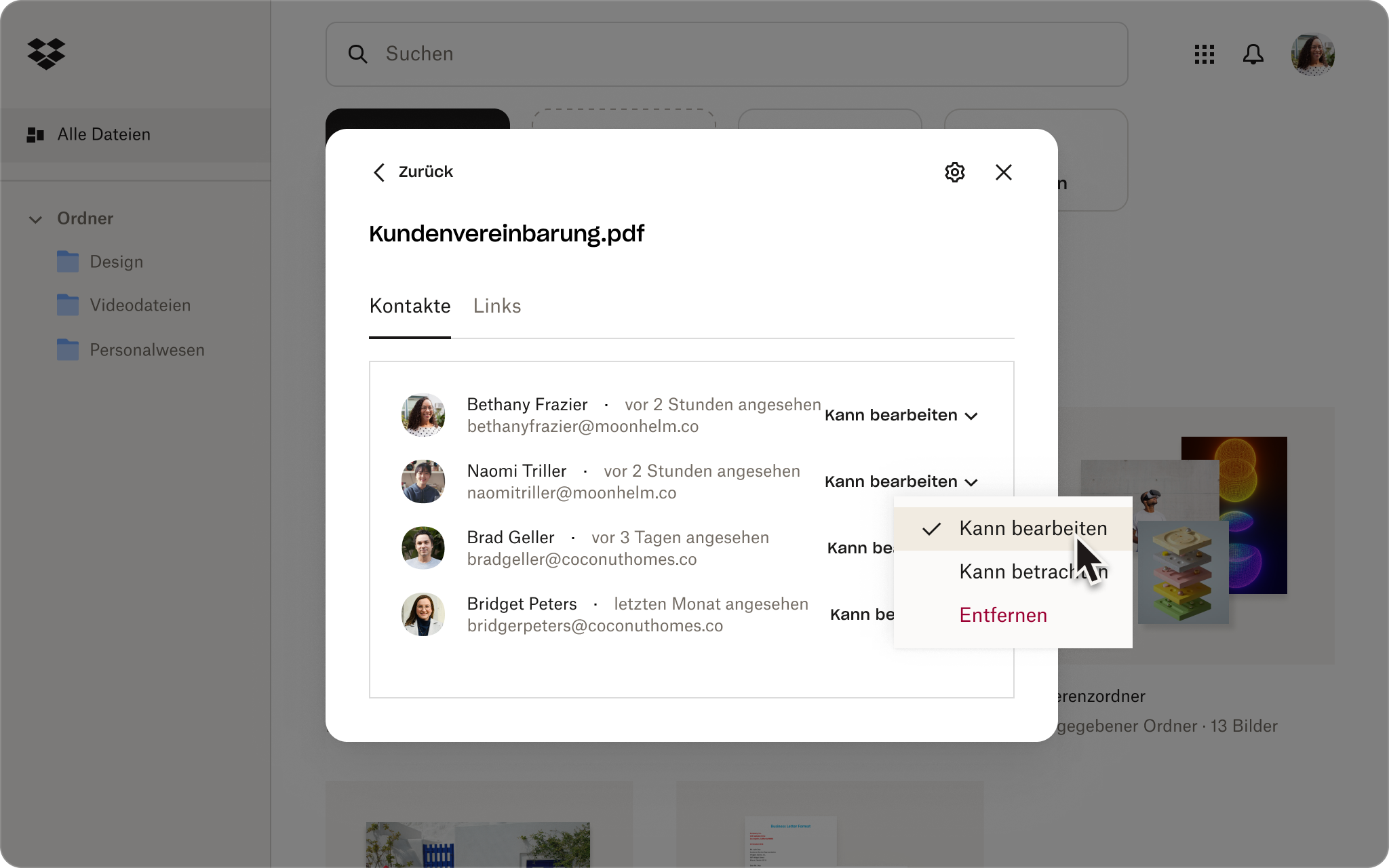 Ein Screenshot der Dropbox-Benutzeroberfläche, der zeigt, wie jemand die Freigabeeinstellungen anpasst, während er eine Datei sendet.