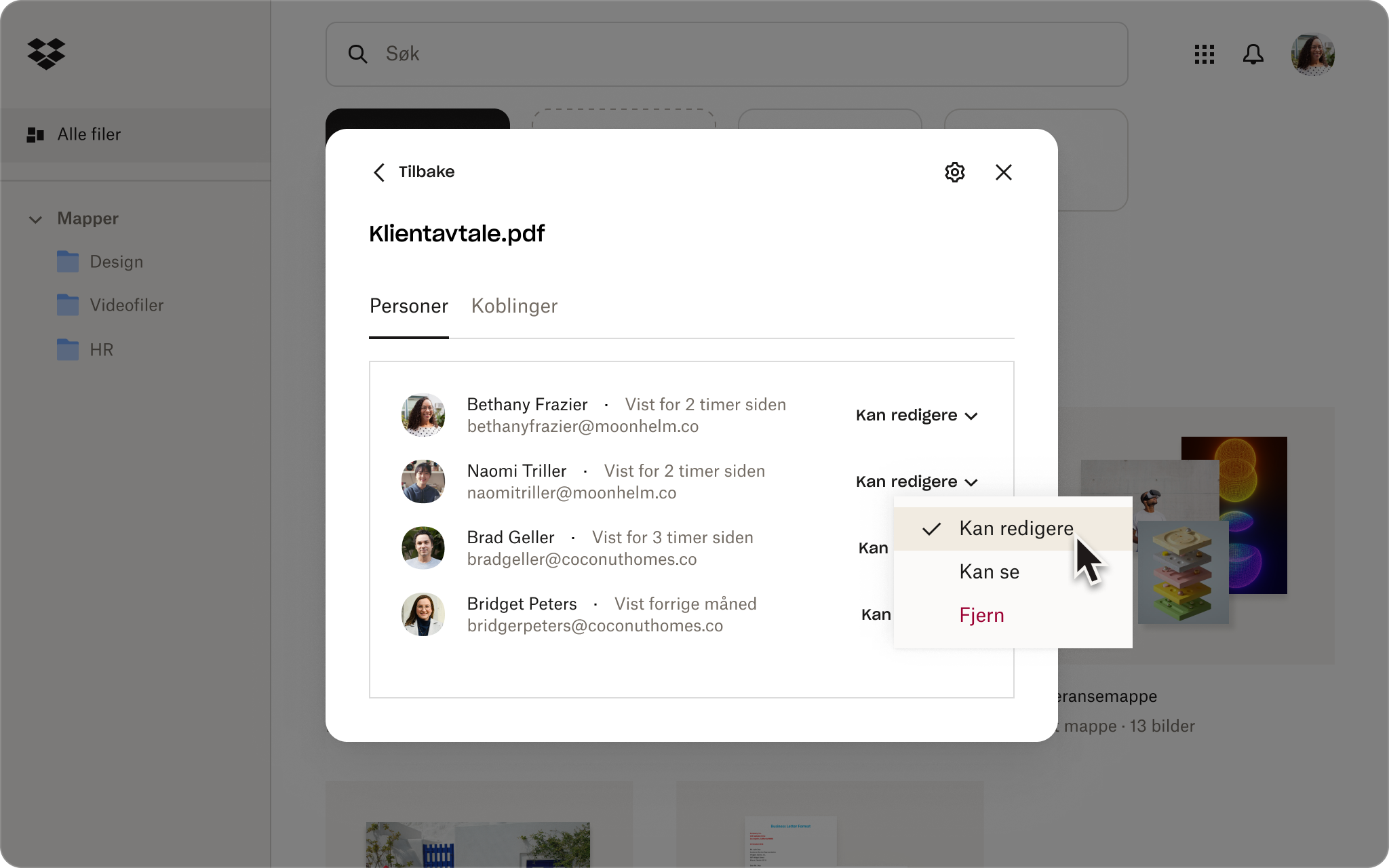 Et skjermbilde av Dropbox-grensesnittet som viser noen som justerer delingsinnstillingene mens de sender en fil.