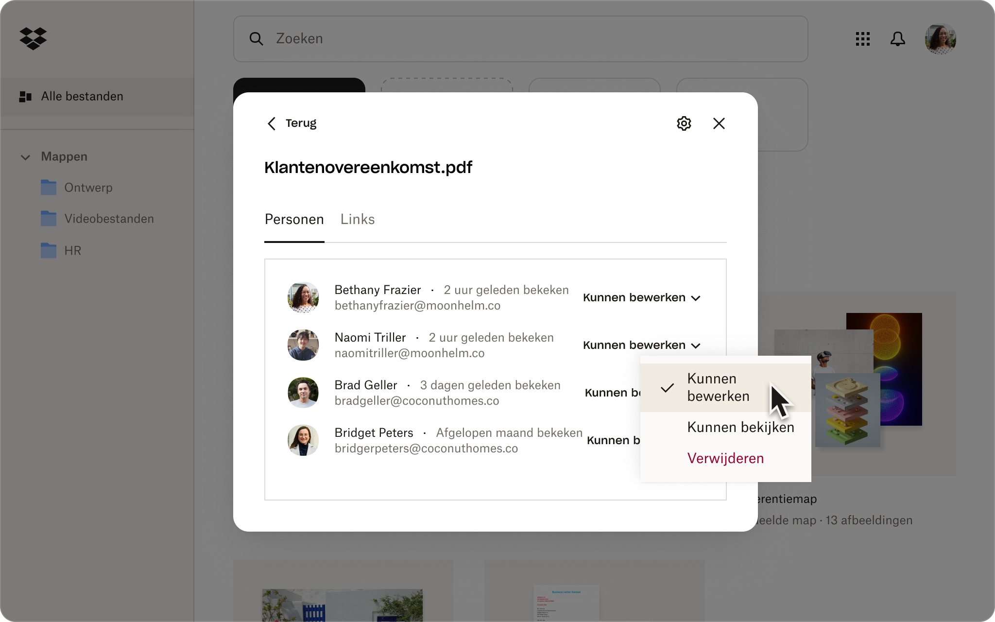 Een schermafbeelding van de Dropbox-interface waarop te zien is hoe iemand de deelinstellingen aanpast tijdens het verzenden van een bestand.