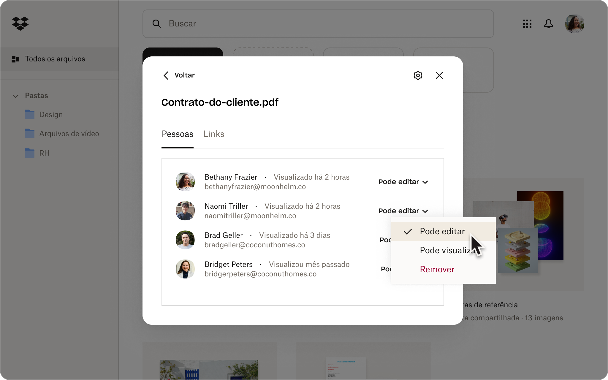 Uma captura de tela da interface do Dropbox mostrando alguém ajustando as configurações de compartilhamento ao enviar um arquivo.