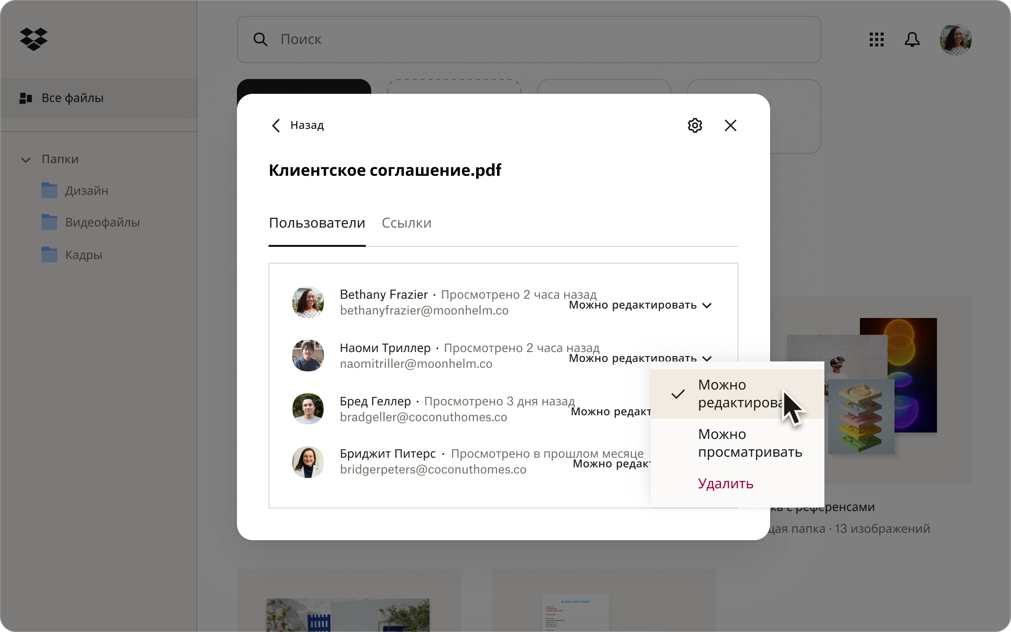 Скриншот интерфейса Dropbox, демонстрирующий настройку параметров общего доступа при отправке файла.