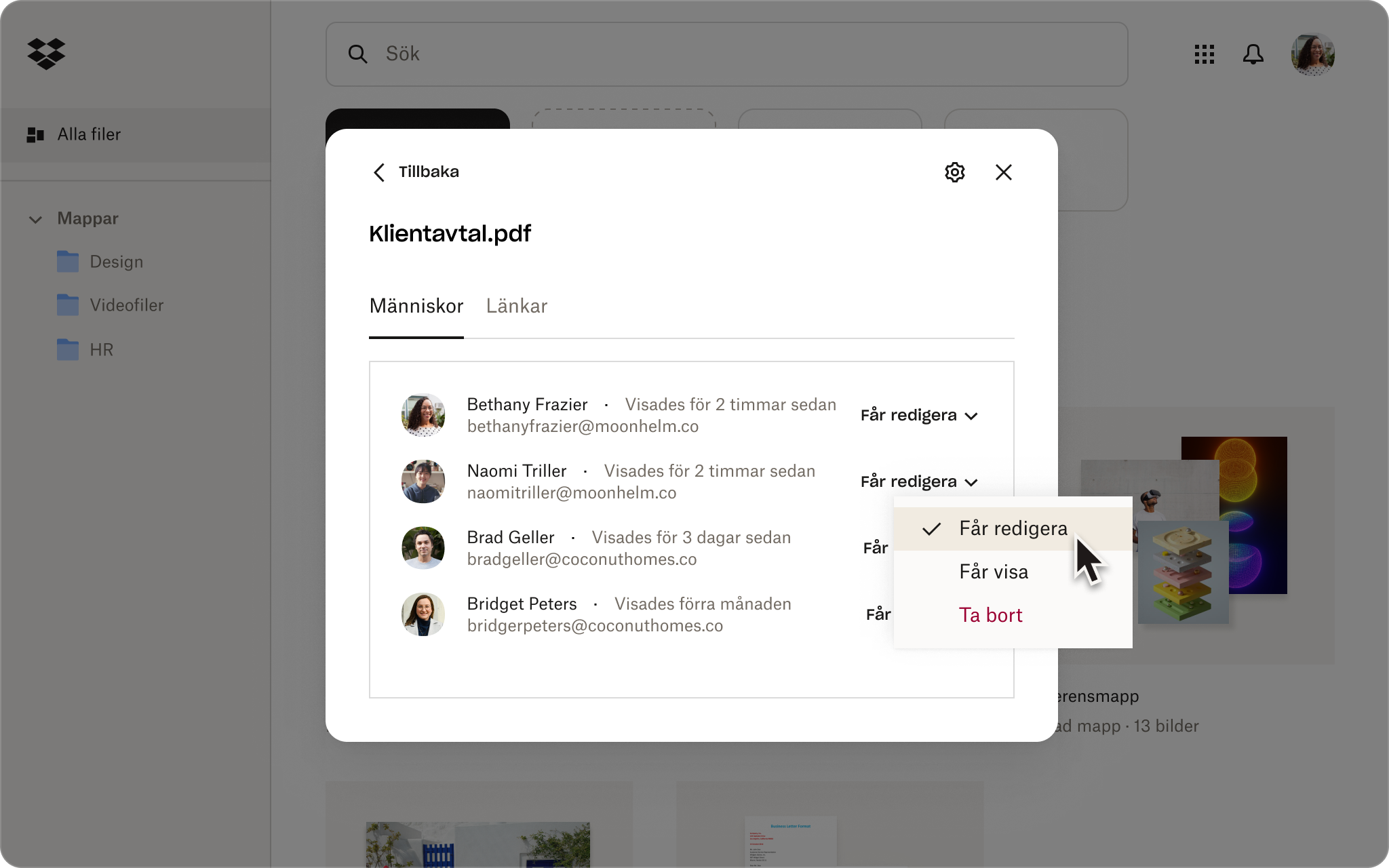 En skärmdump av Dropbox-gränssnittet som visar någon som justerar delningsinställningarna medan en fil skickas.
