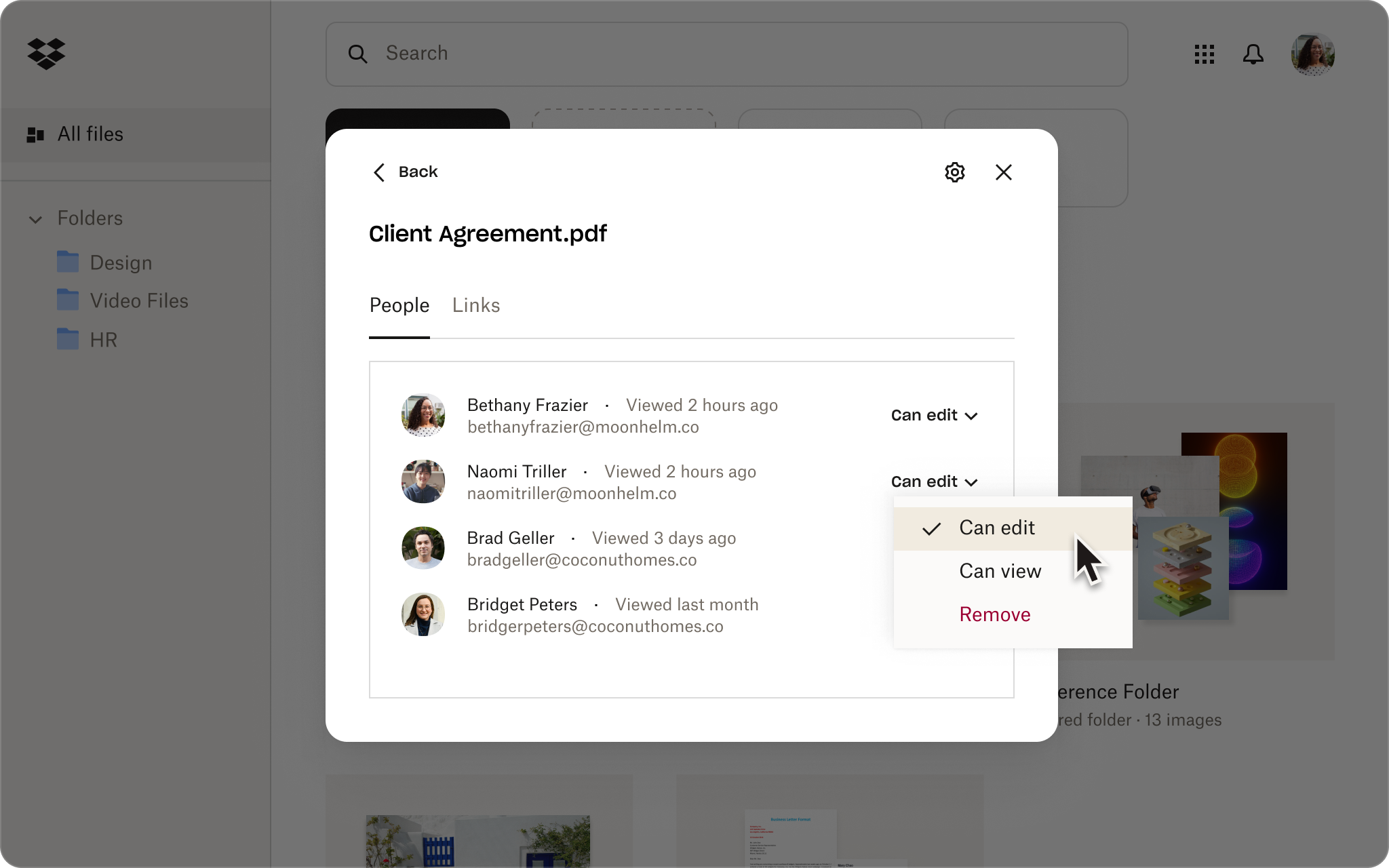 A screenshot of the Dropbox interface showing someone adjusting the sharing settings while sending a file.