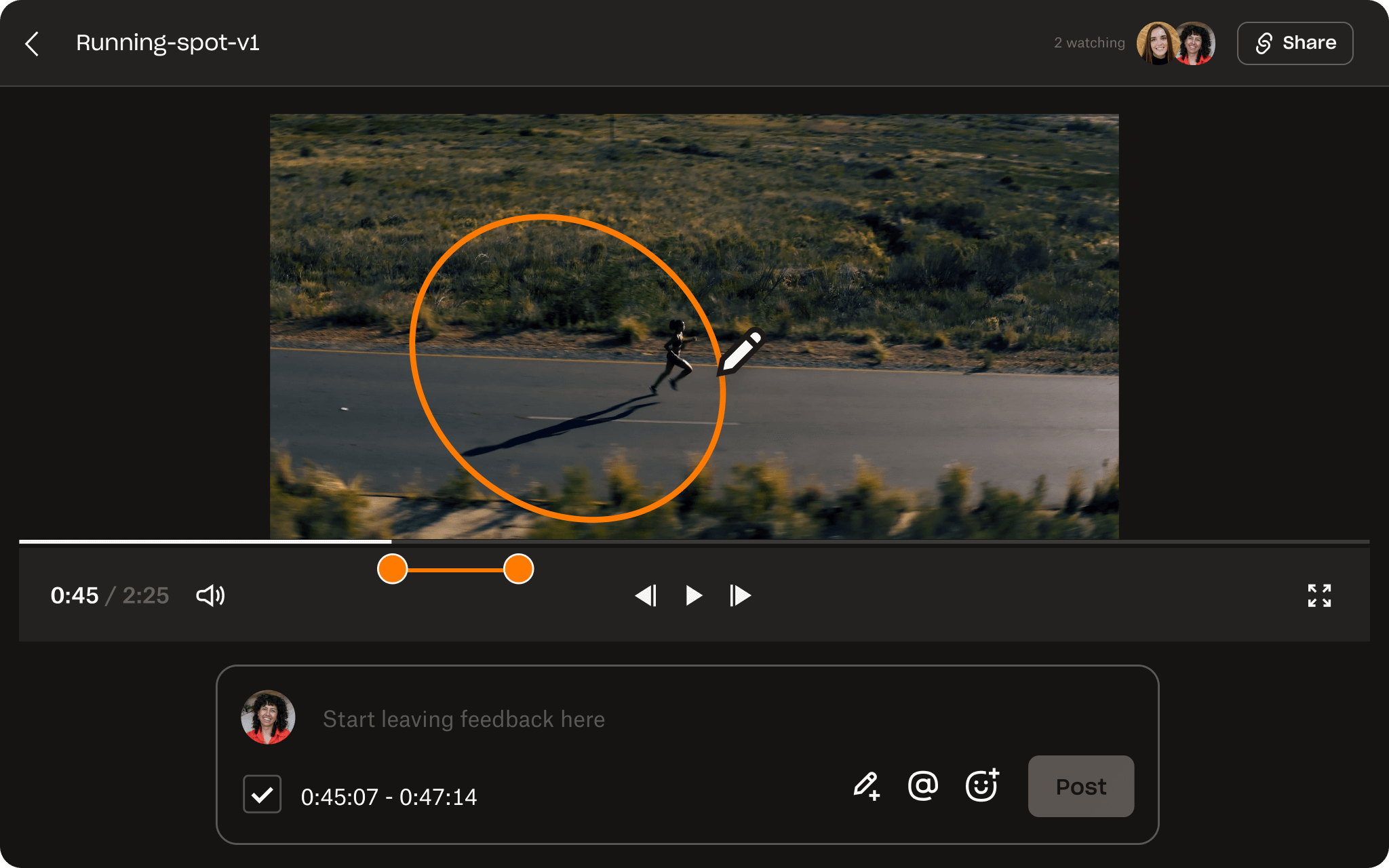 A screenshot of Dropbox Replay showing someone adding an annotation to highlight a specific area of a video clip.