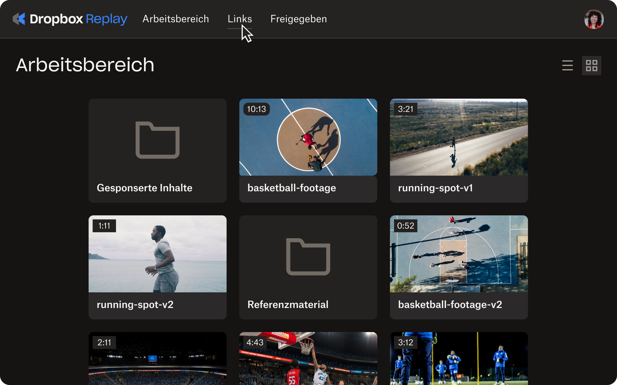 Benutzeroberfläche mit Dropbox Replay-Links