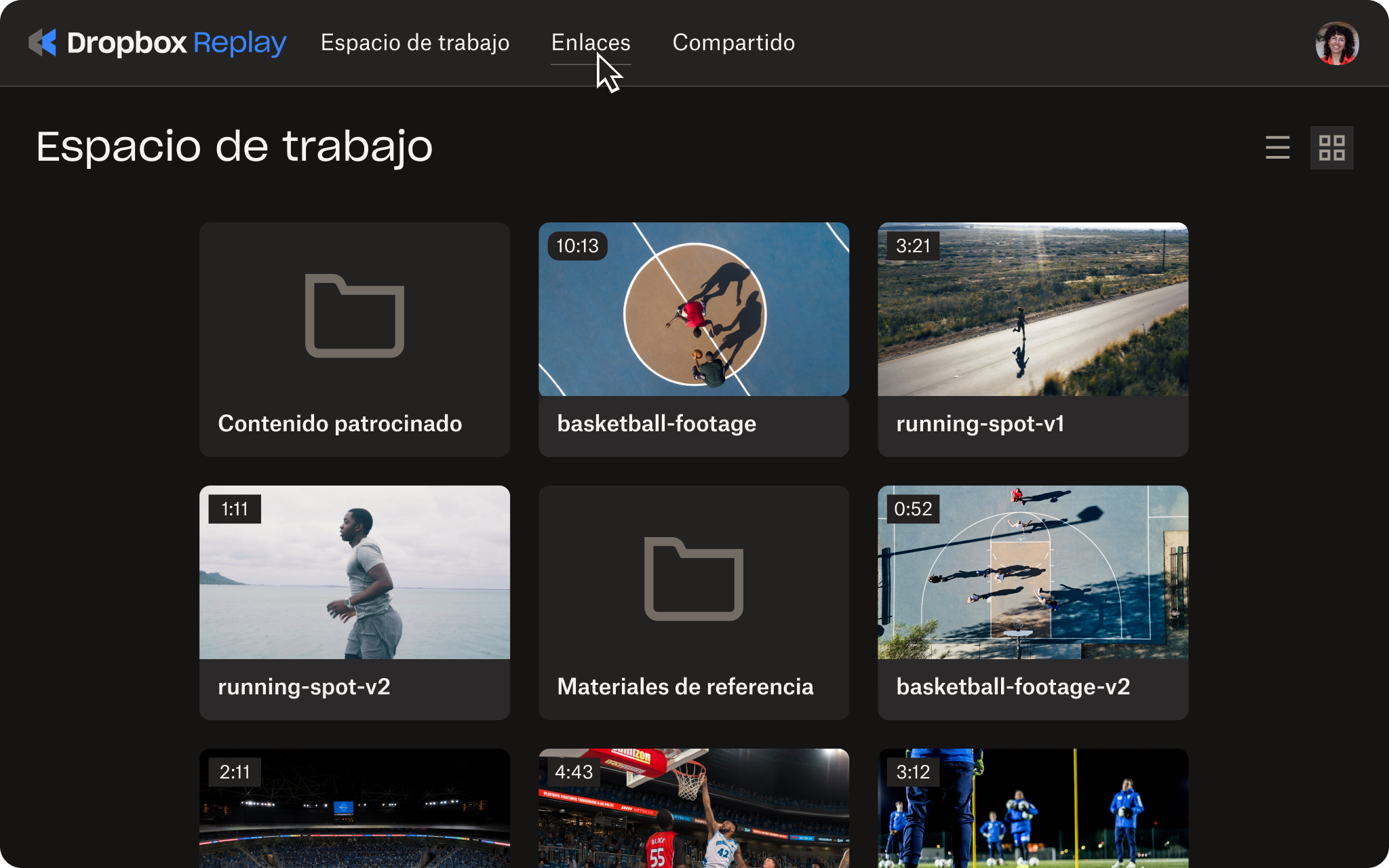 Interfaz de usuario de enlaces de Dropbox Replay
