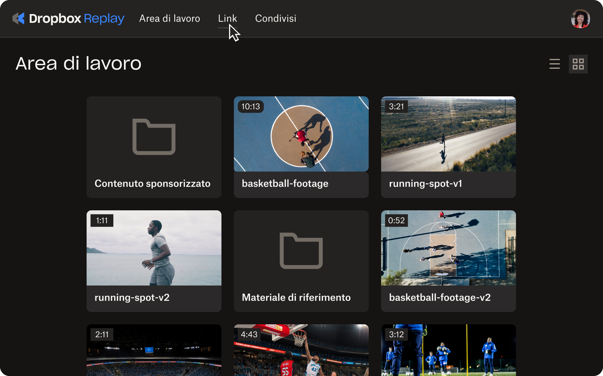 Interfaccia utente dei link di Dropbox Replay