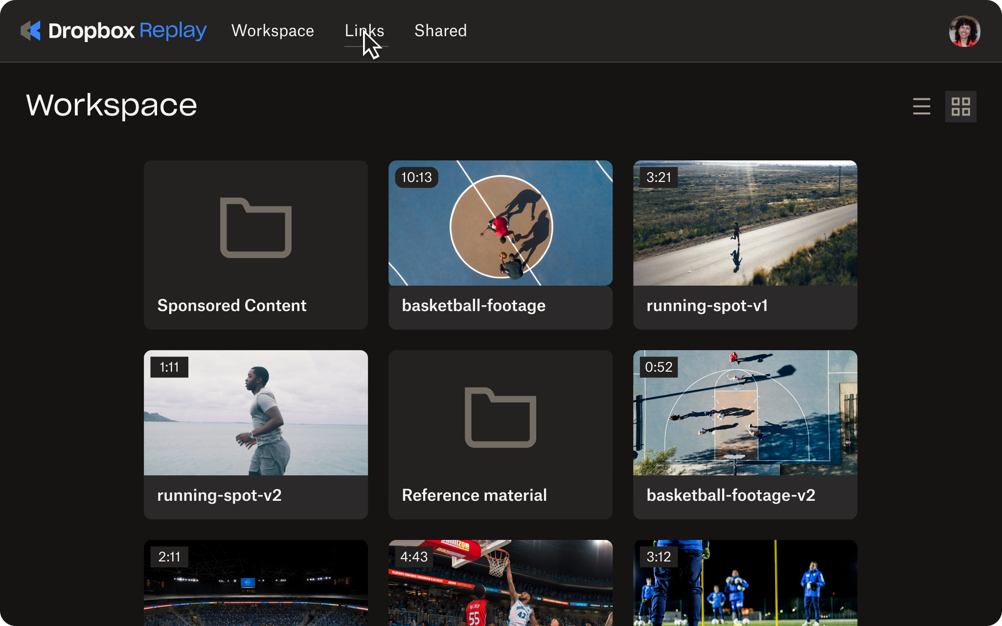 A screenshot showing a selection of video files in Dropbox Replay ready to share in a few clicks.