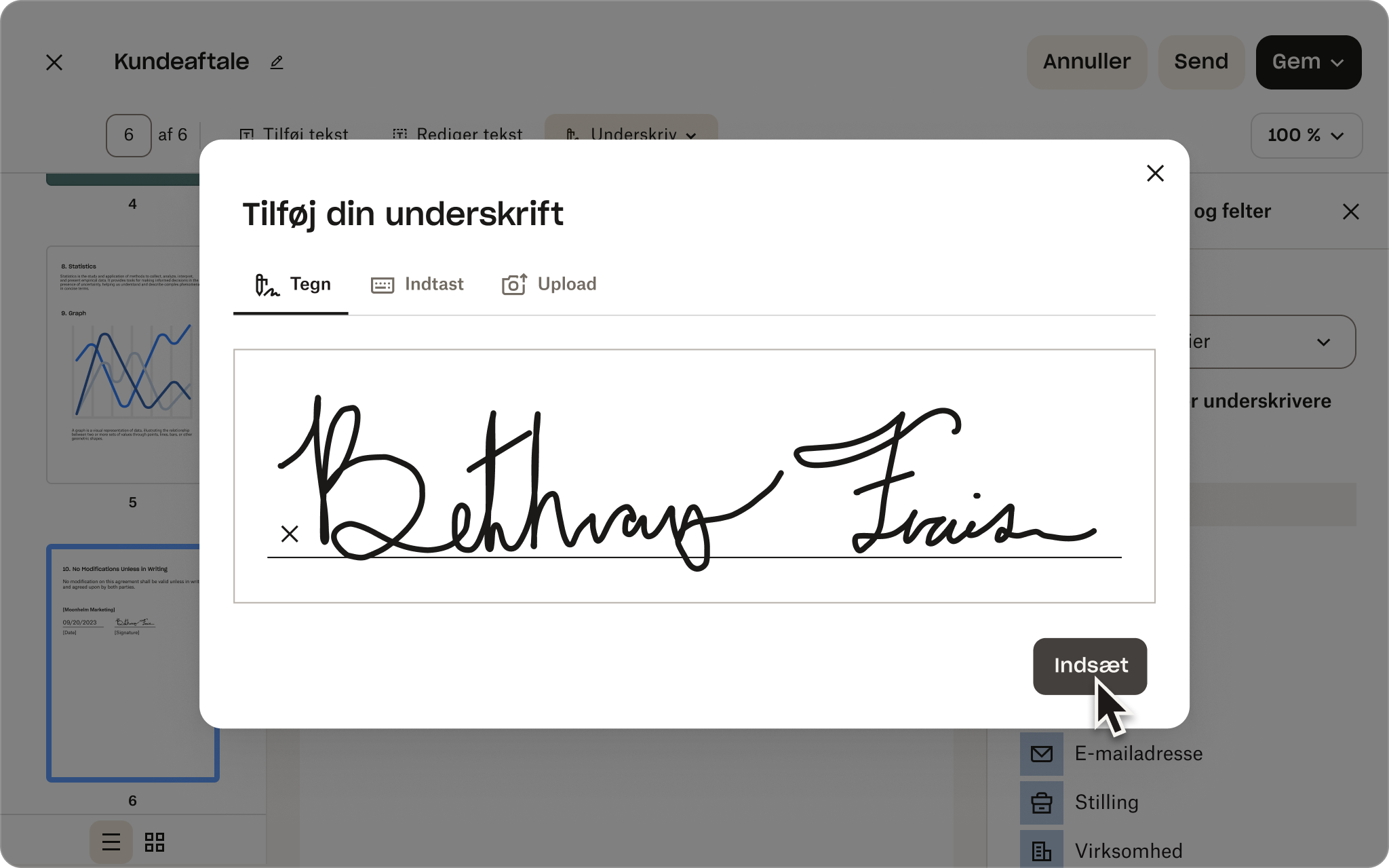 Et skærmbillede af brugergrænsefladen i Dropbox Sign, der viser en person, der tilføjer en e-signatur til en klientaftale.