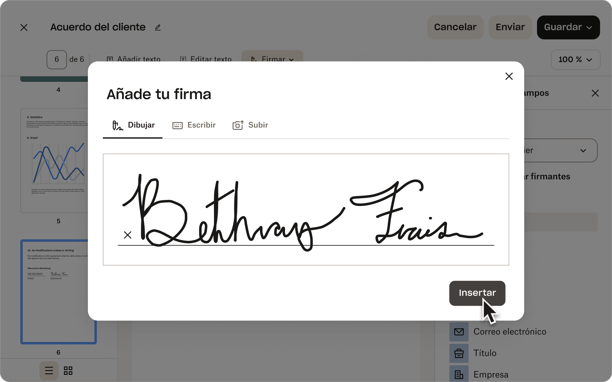Imagen de la interfaz de usuario del proceso de firma electrónica de Dropbox en la que se muestran los pasos para añadir una firma a un PDF con Dropbox