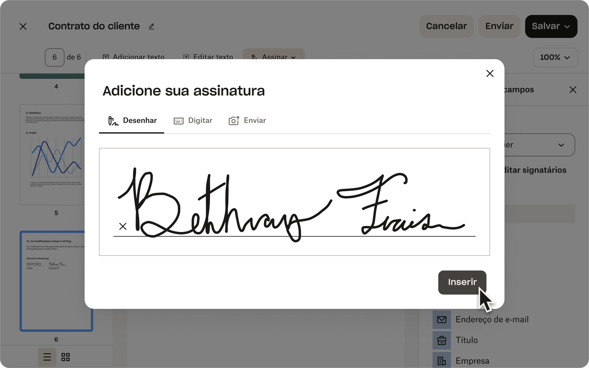 Captura de tela da interface do usuário do Dropbox Sign mostrando uma pessoa adicionando uma assinatura eletrônica a um contrato de cliente.