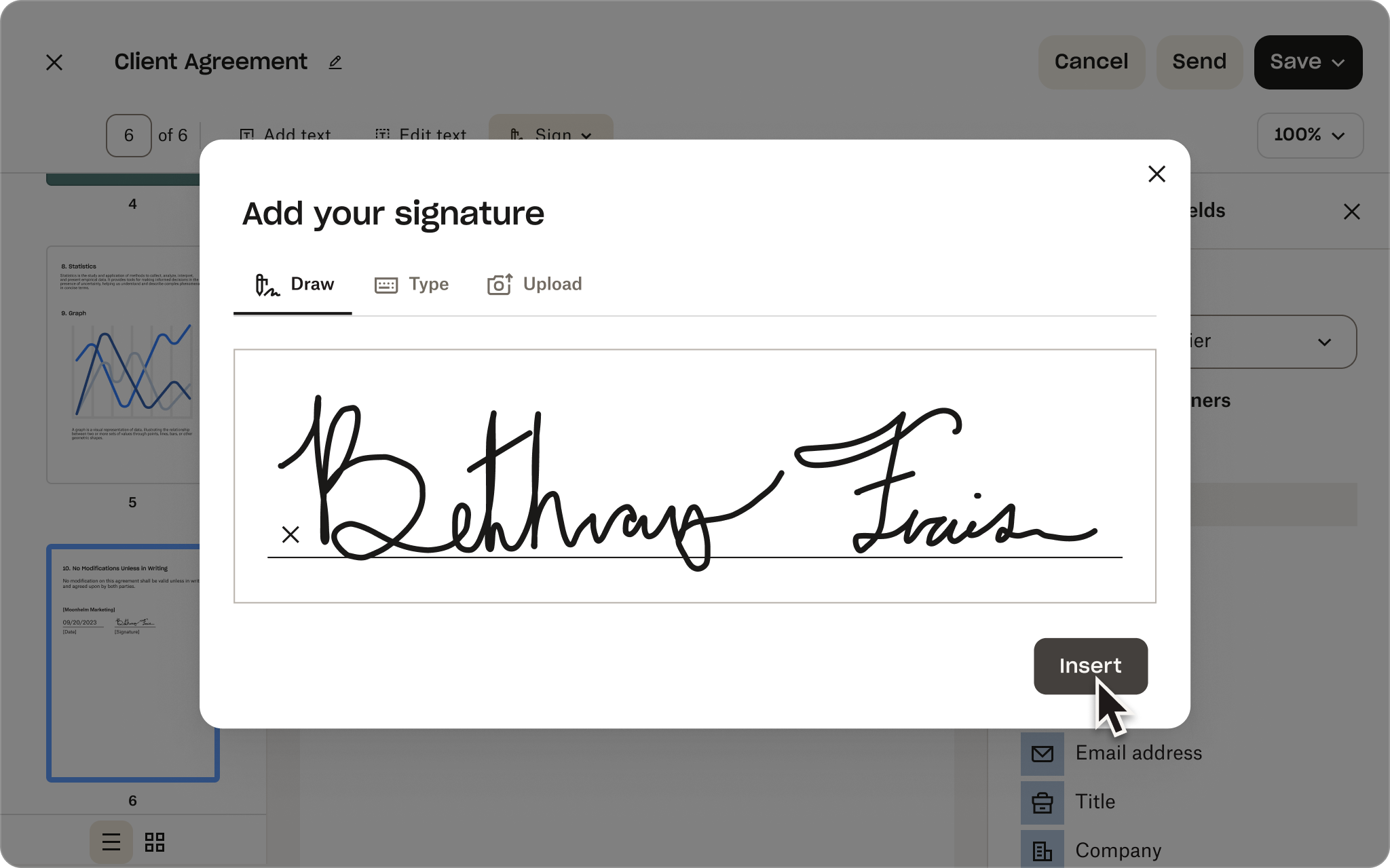 A screenshot of the user interface of Dropbox Sign showing a person adding an eSignature to a client agreement.