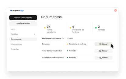 Dropbox Sign organiza los documentos por estado de firma y permite a los usuarios abrirlos para firmarlos.