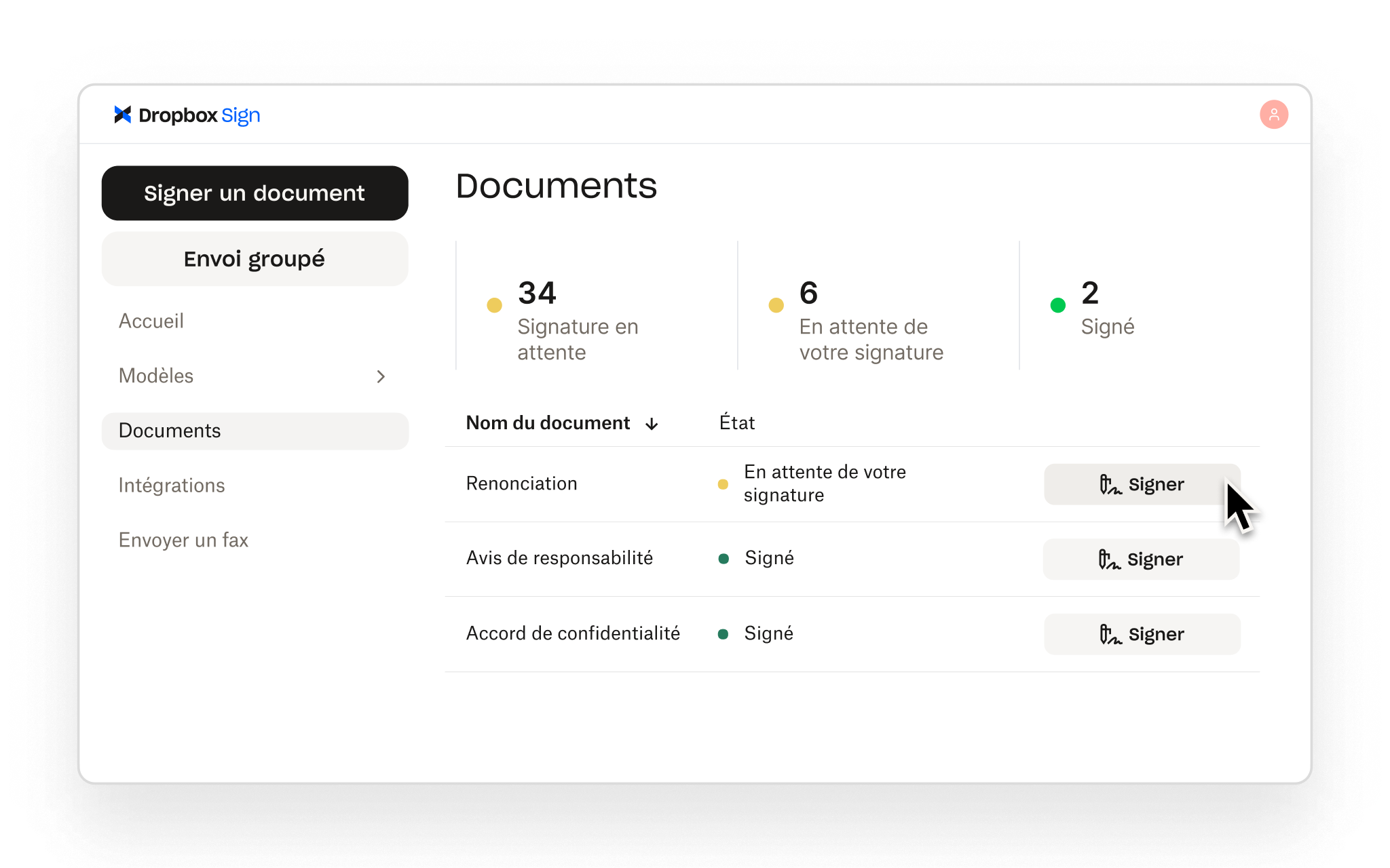 Dropbox Sign organise les documents par état de signature et permet aux utilisateurs d’ouvrir les documents pour les signer.
